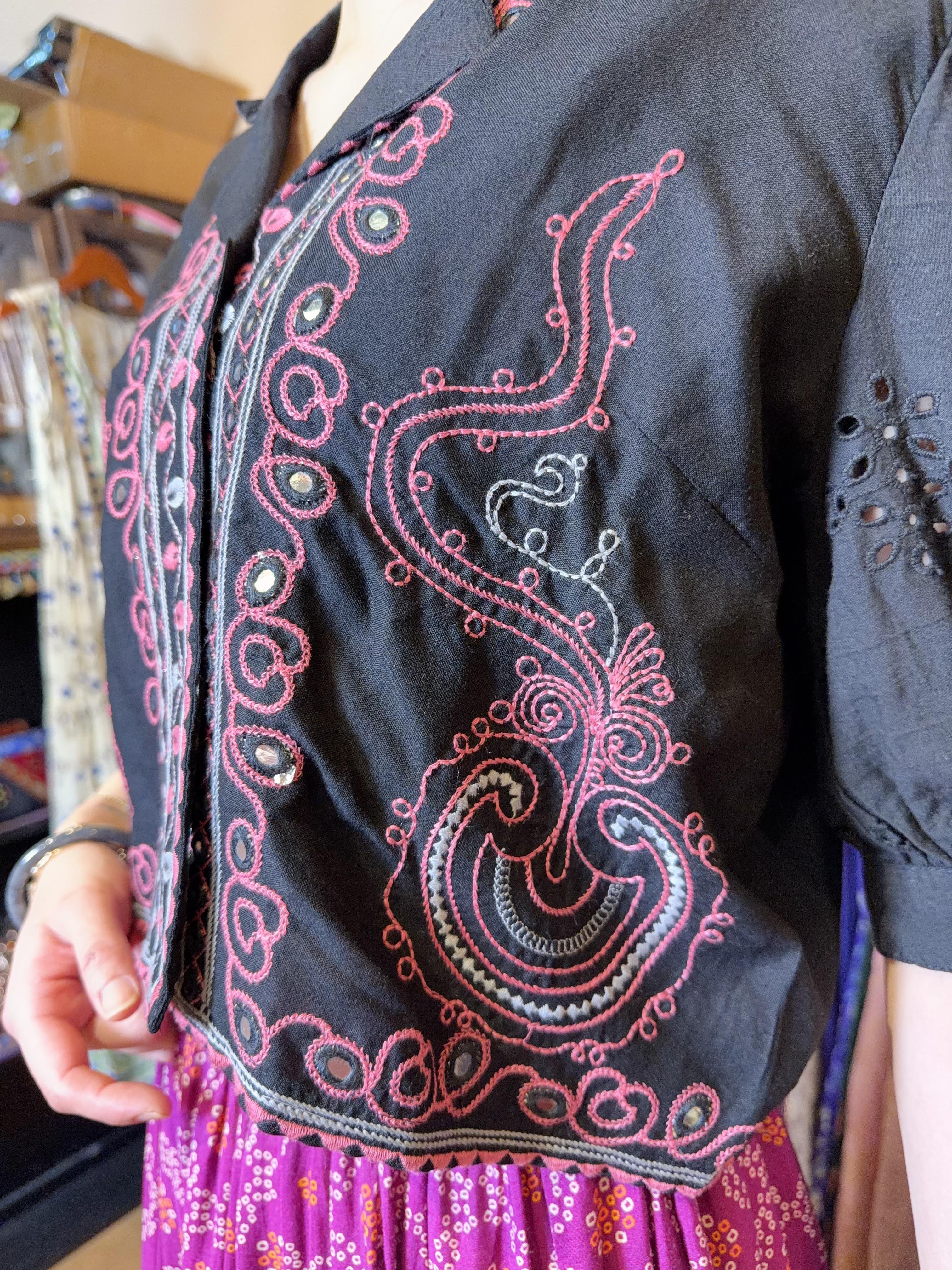 Black with Rose Pink Emb. 2-way Top with Lace Sleeve #1147