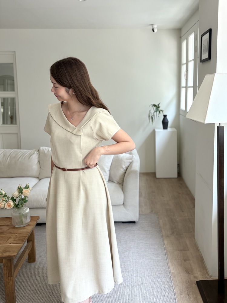 Sailor Collar Belted Dress (Beige)