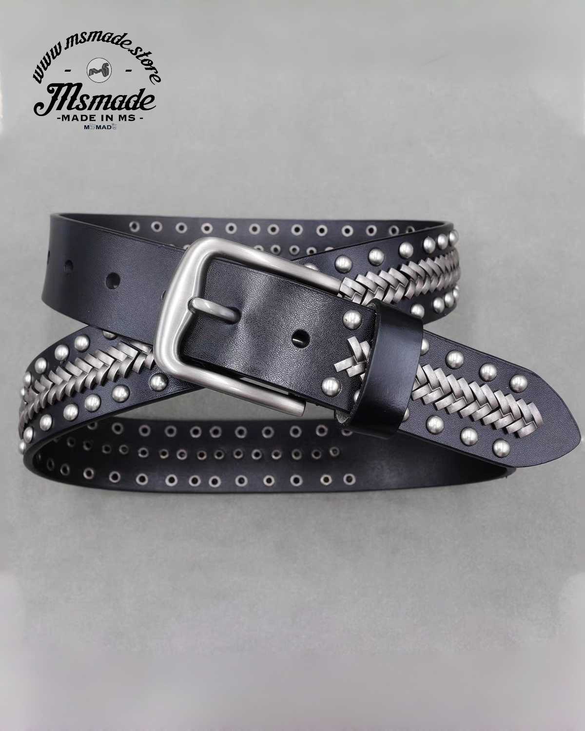 M011復古鍋釘二層牛皮皮帶