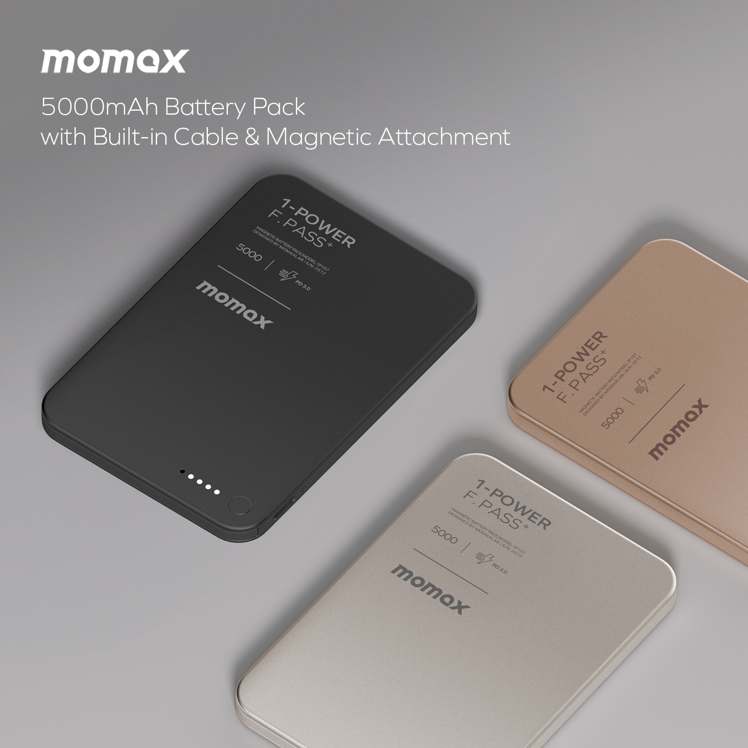 Momax 5000mAh 磁吸無線充電移動電源，內置充電線
