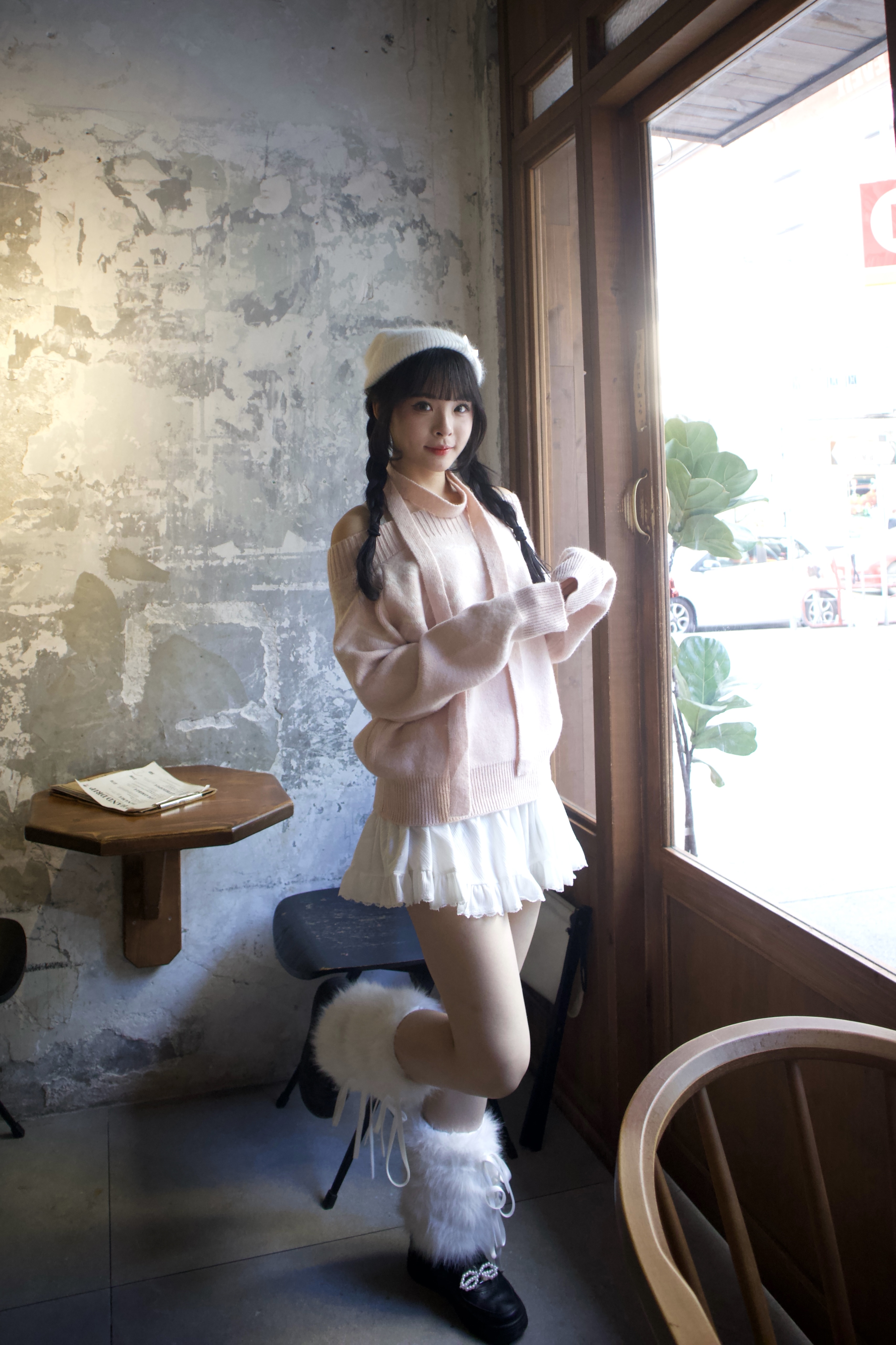 韓國甜美風一字膊蝴蝶結毛衣+掛頸巾