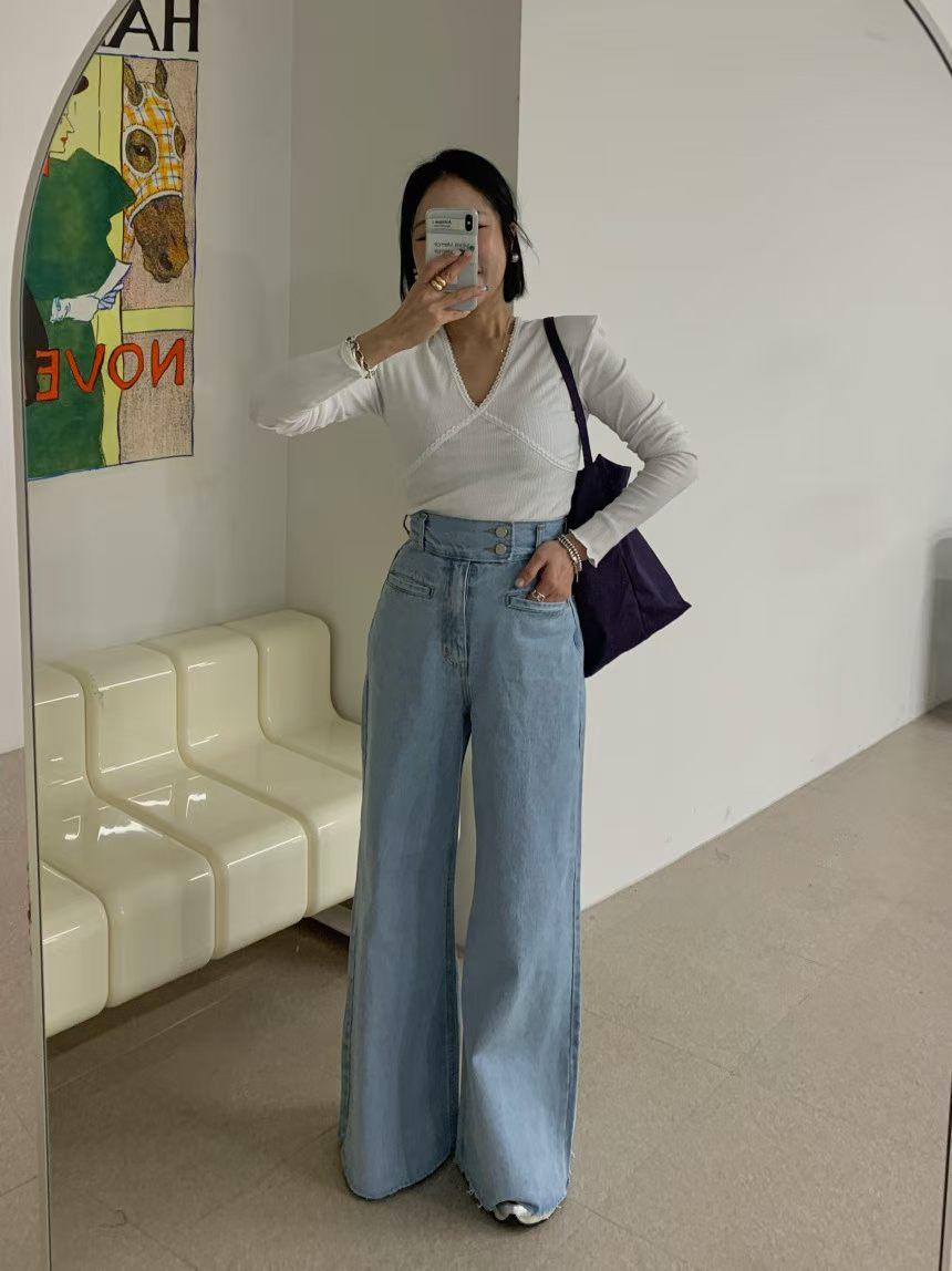 側扣高腰牛仔褲