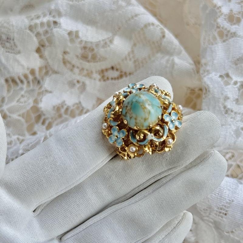 Vintage Mid-Century European Faux Turquoise Mountain Shape 3D Domed Brooch(MW242)