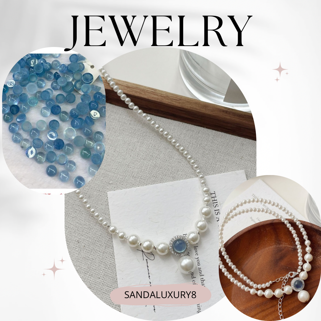 Elegant Pearl Necklace with Blue Stone Pendant for Women  - Jewelry Collection  - SANDALUXURY8 