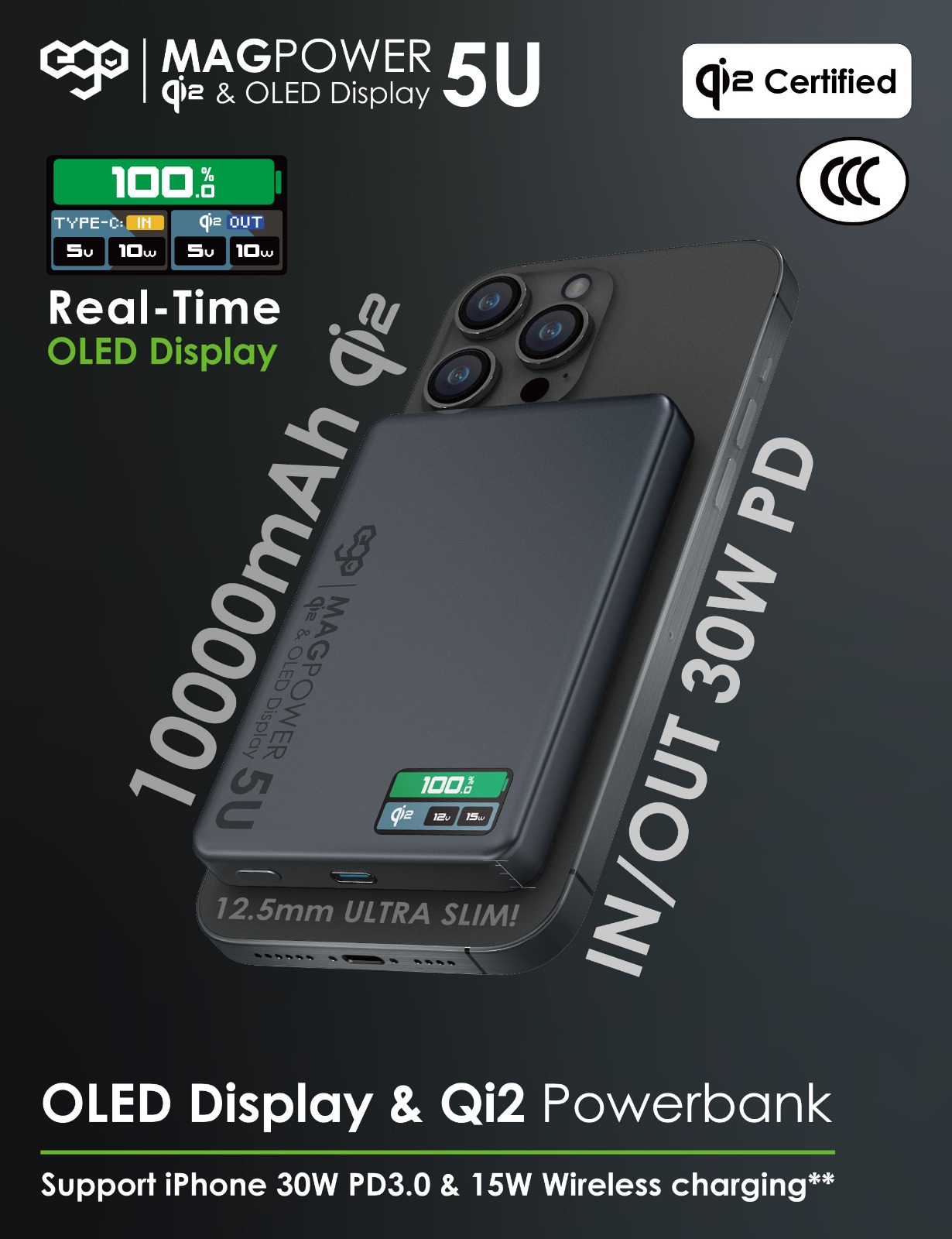 EGO MAGPOWER 5U Qi2 & OLED 顯示屏 10000mAh 行動電源