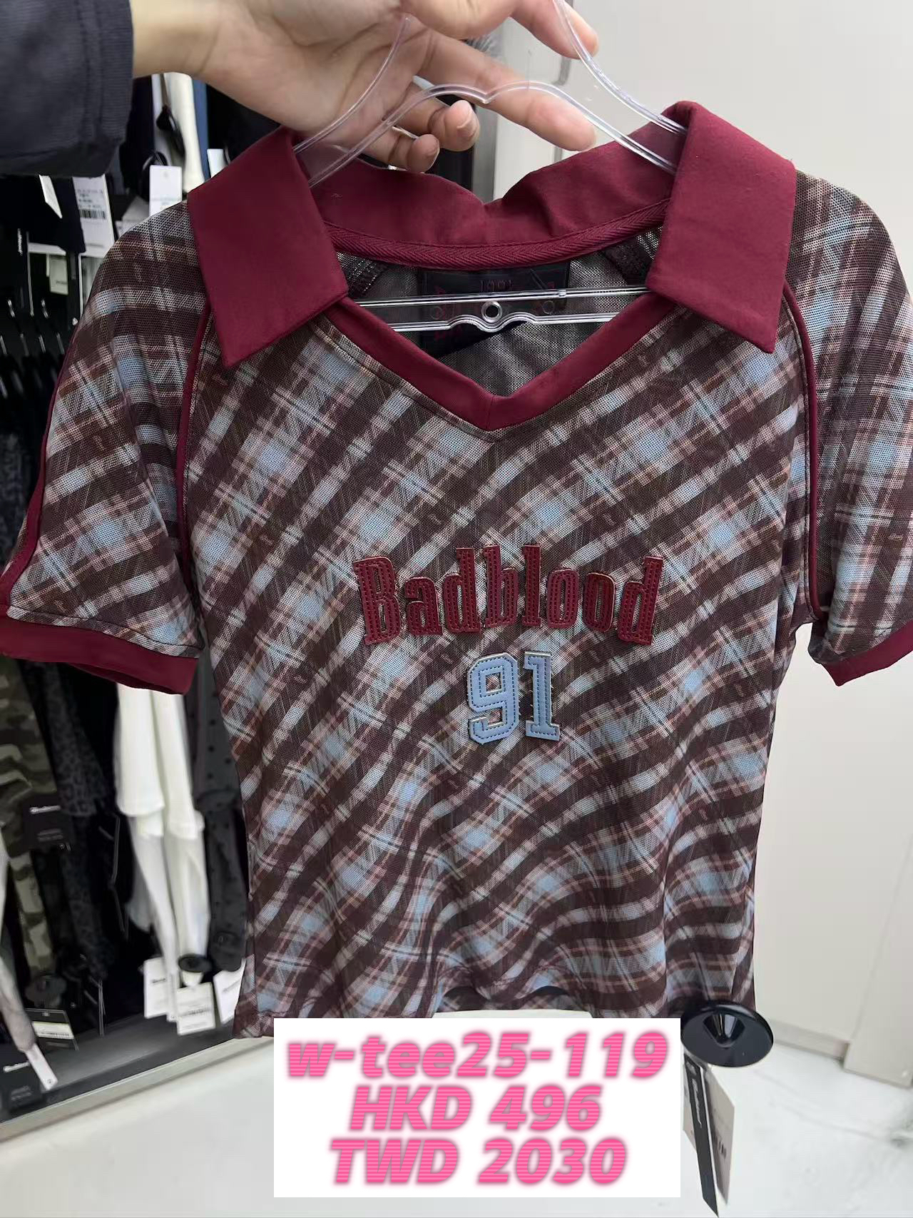 BADBLOOOD直播限時優惠[w-tee25-119] Vintage Club V-Neck Check T-Shirt - Red