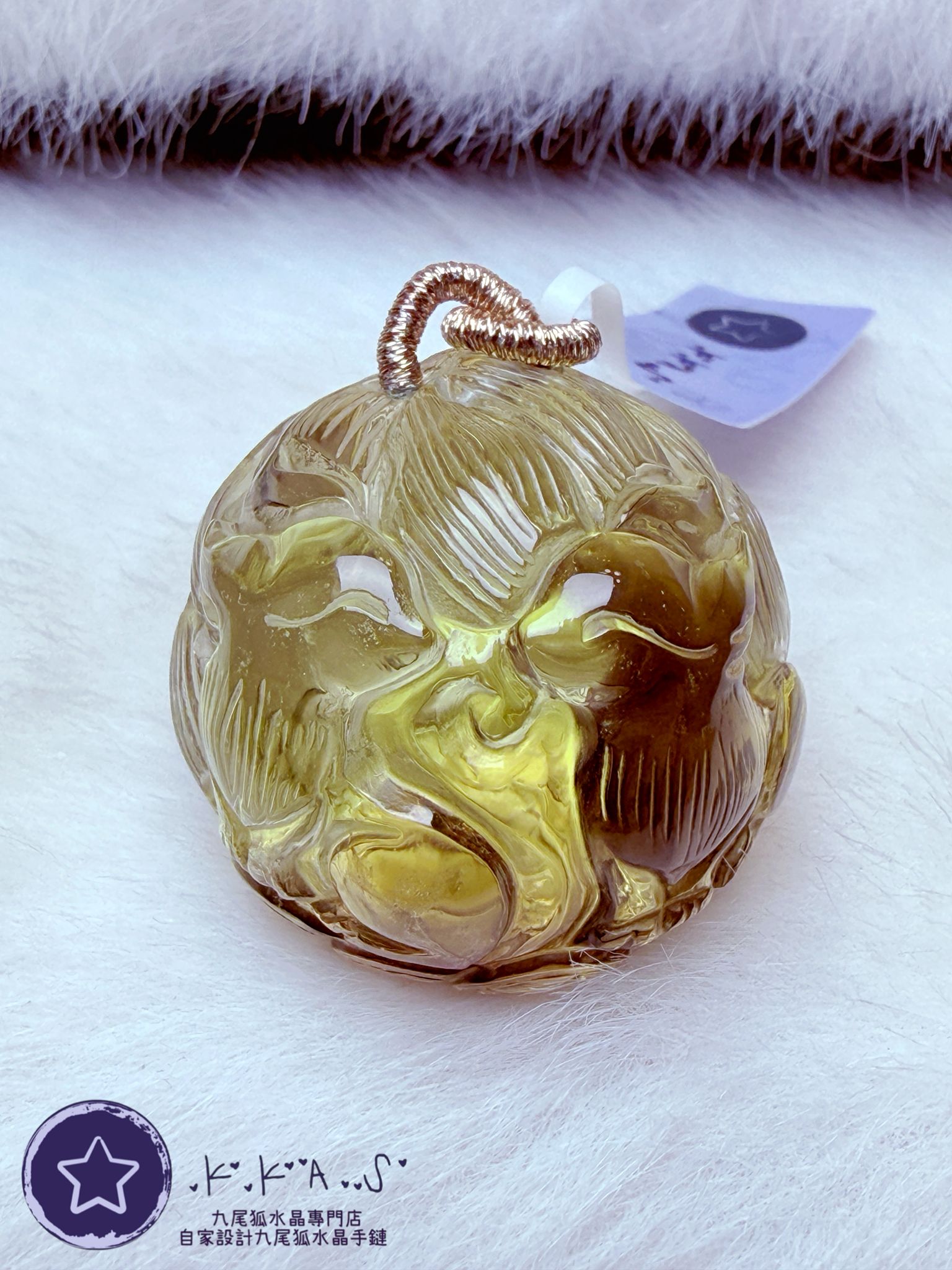 K00473 黃水晶 雙狐狐球 - 吊墜/手牌兩用款