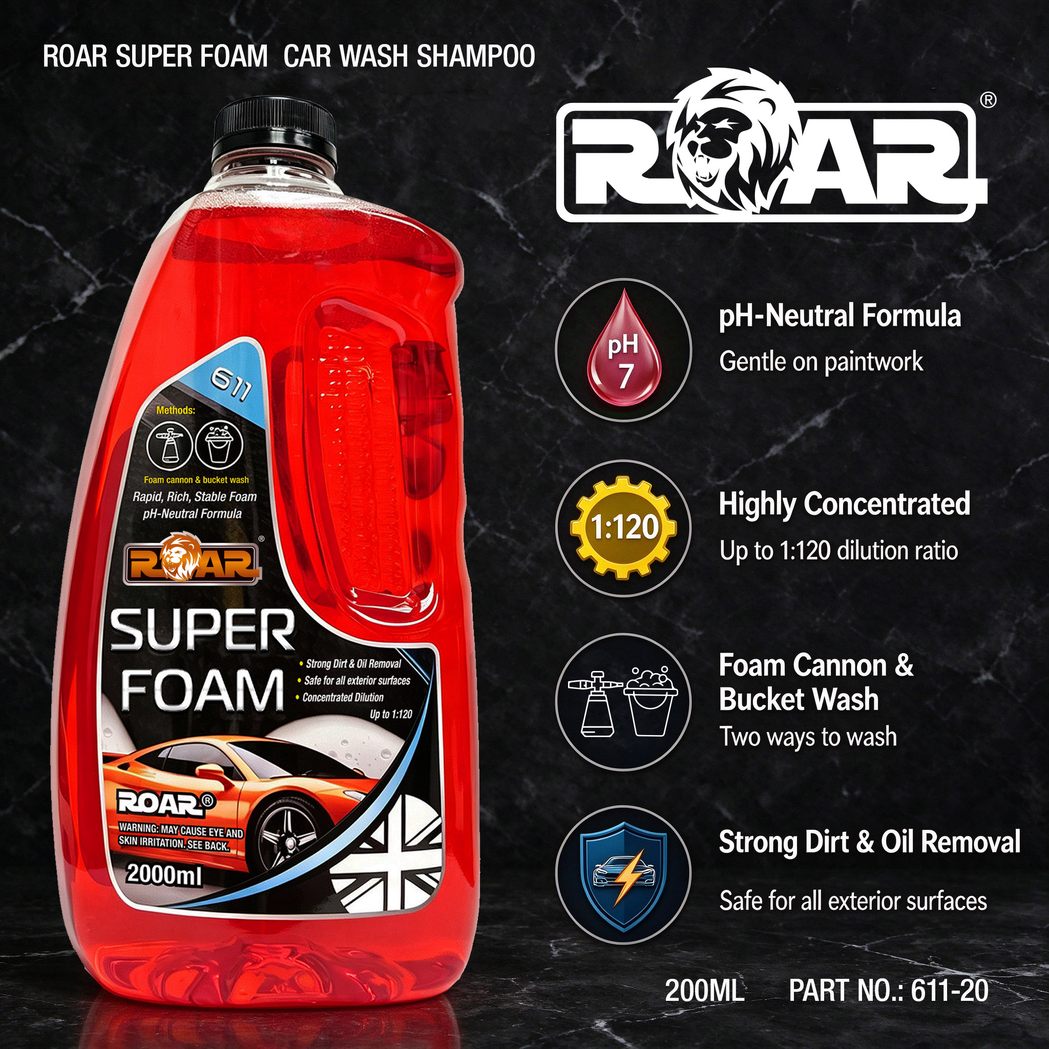 ROAR SUPER FOAM 濃縮高泡洗車液 2000ml（中性配方／泡沫噴壺／水桶兩用）
