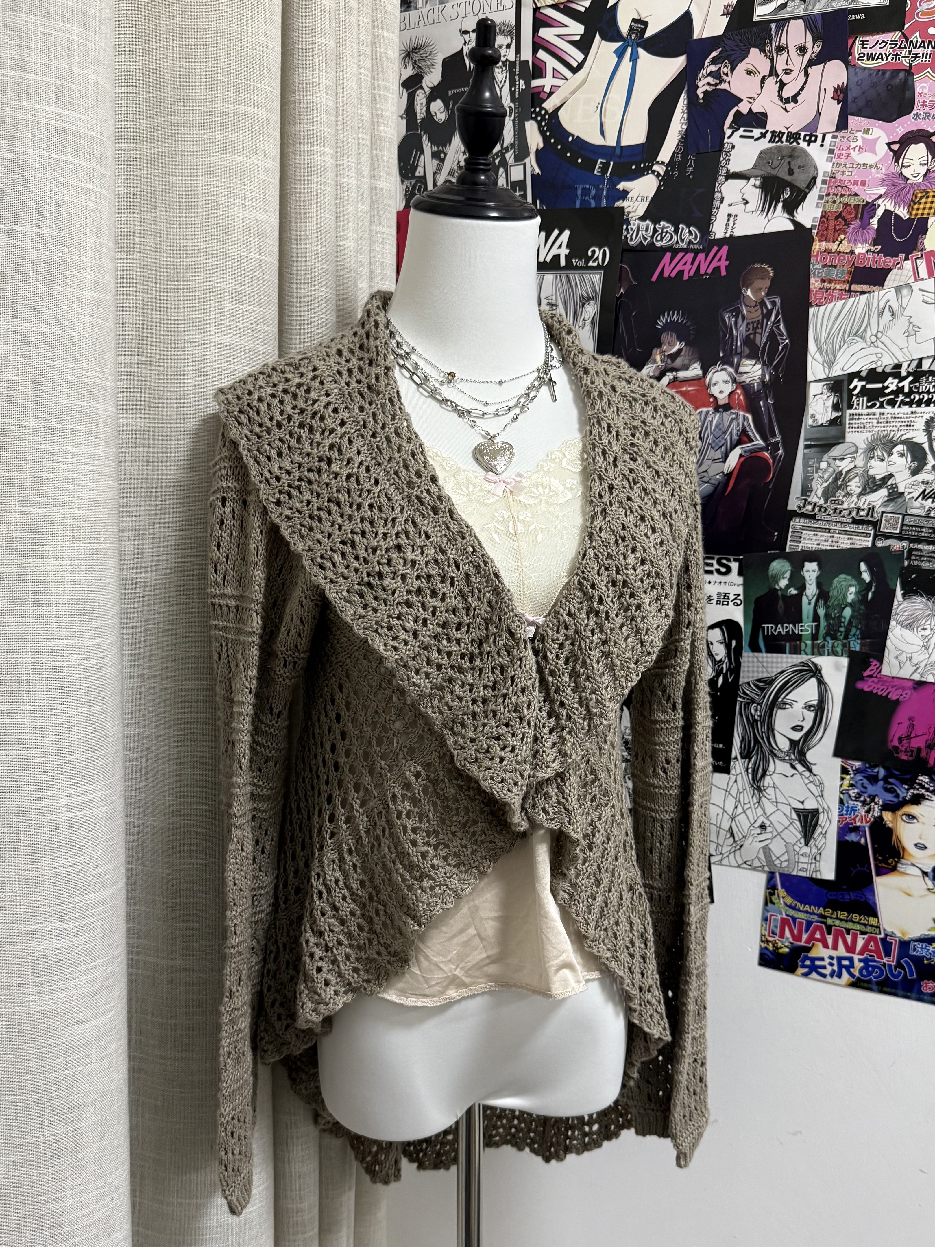 Taupe Crochet Open-Knit Cardigan 