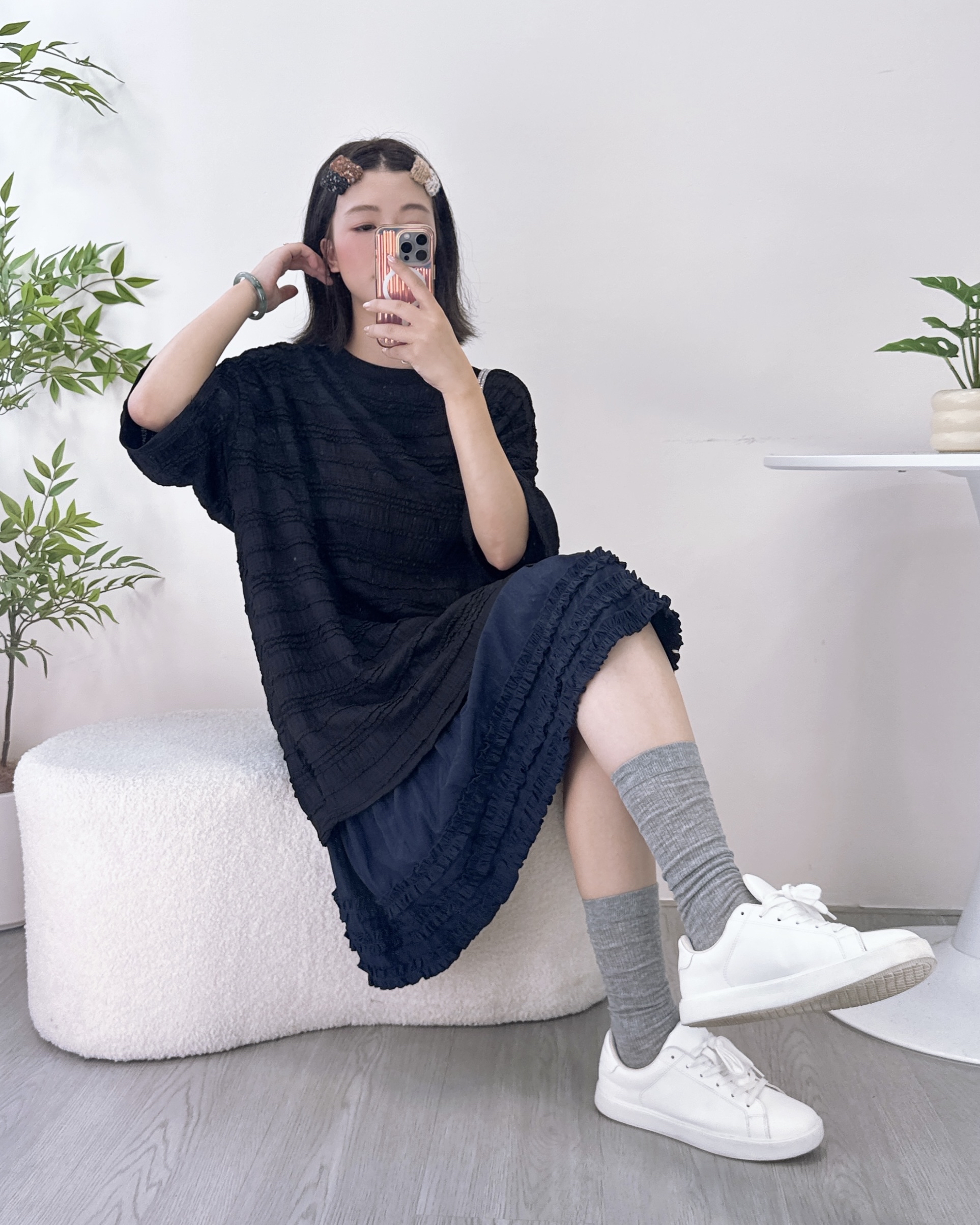 彈性3D橫紋棉料長上衣 2色