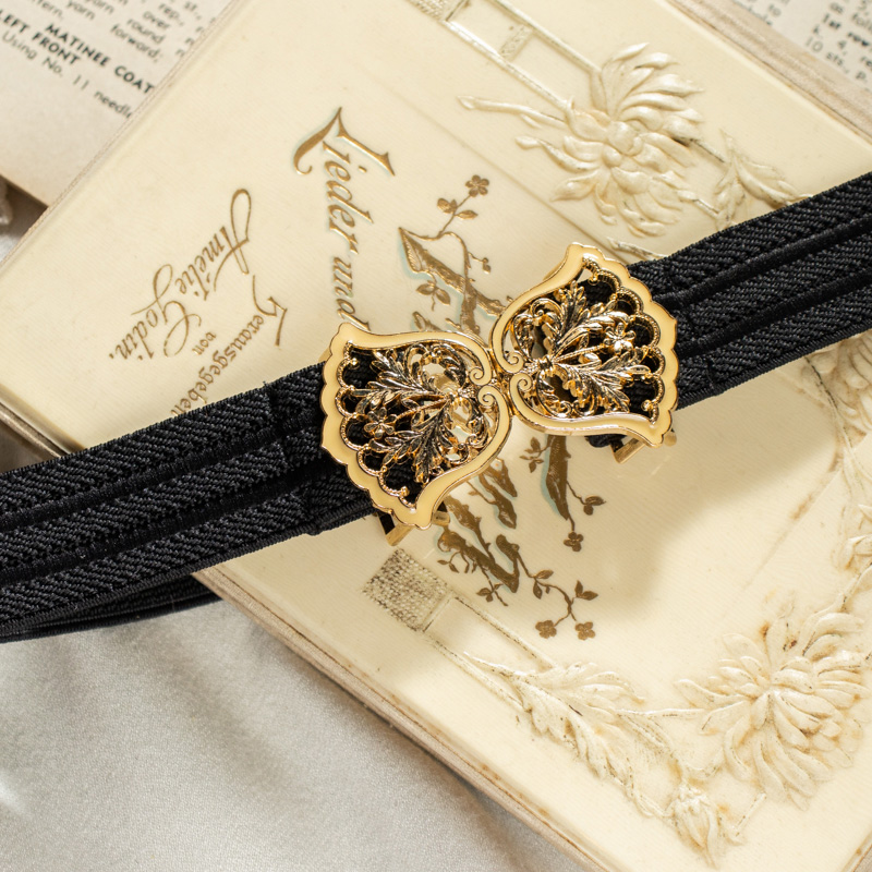 Vintage Japanese Floral Cut Out Ribbon Shape Belt Buckle Elastic Belt (E011 x K008)