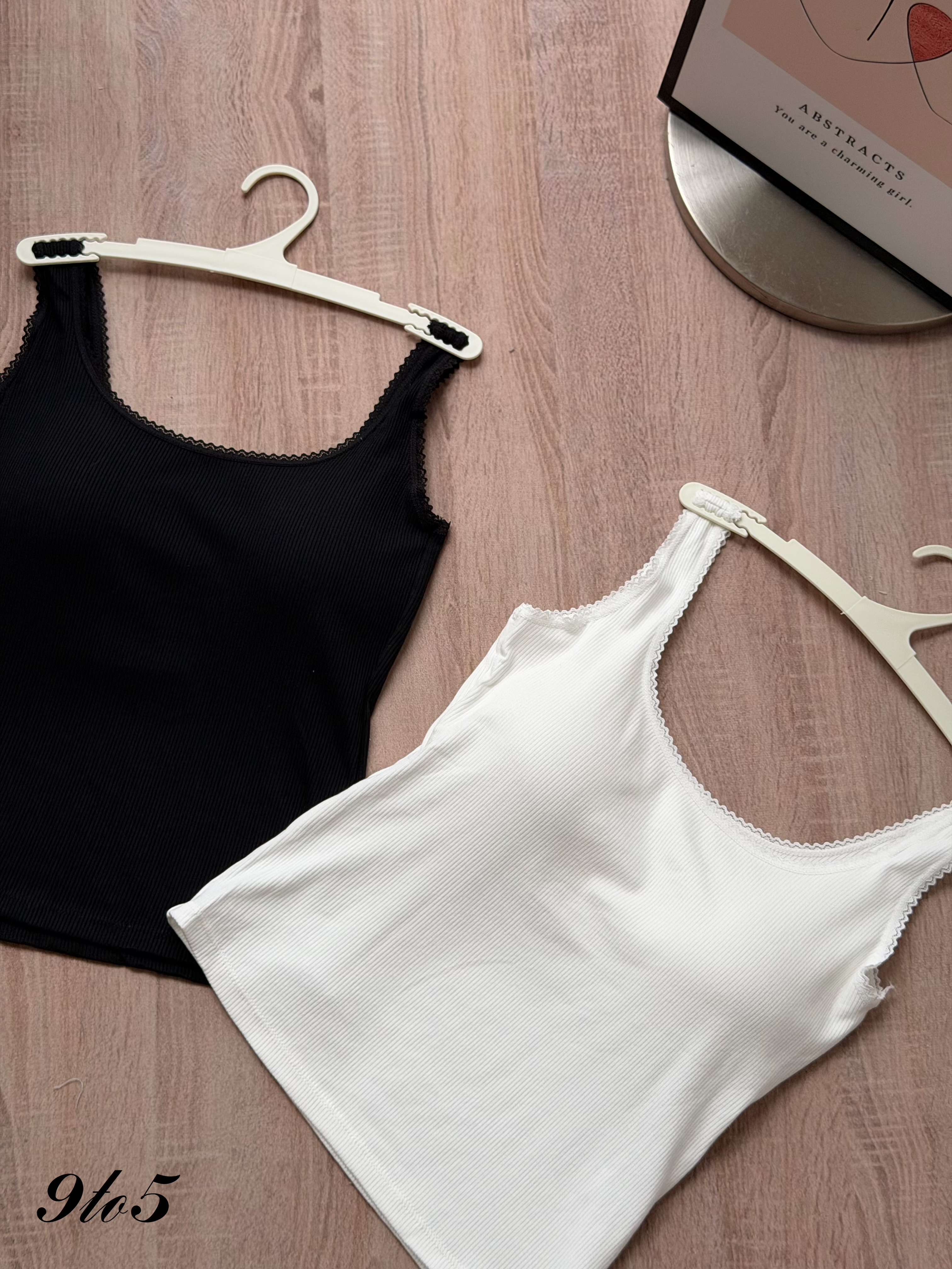T4538 Lace Trim Ribbed Padded Tank Top - Black & White 