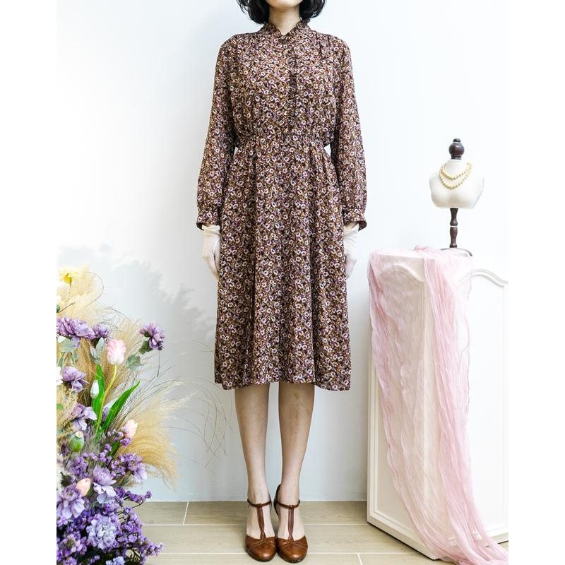 Vintage Japanese Tokyo Otsuki Floral Pattern Ruffle Edged Chiffon Long Sleeve Dress(MT1840-37)