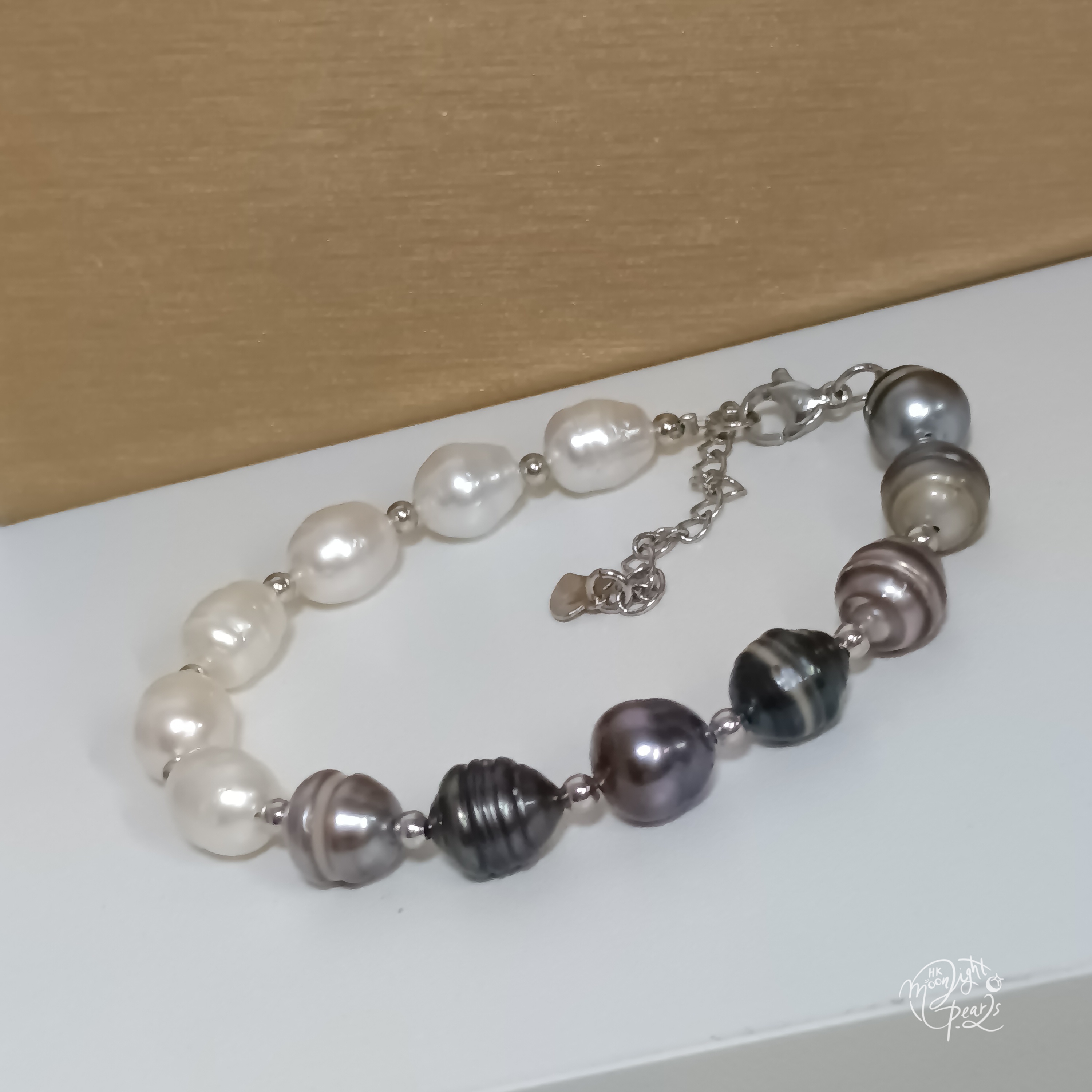 大溪地螺紋巴洛克海水珍珠+澳白巴洛克海水珍珠注白金尾鍊扣手鍊