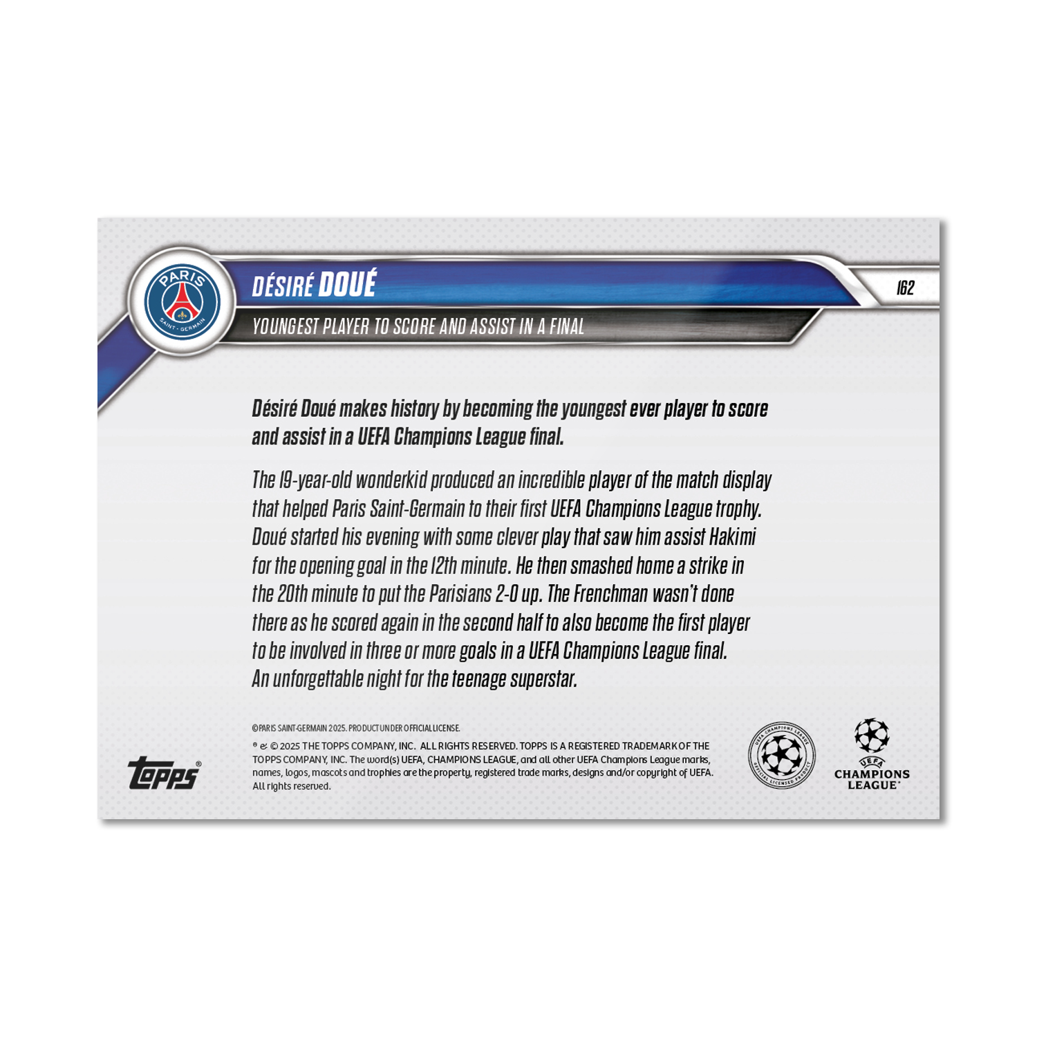 Désiré Doué - 2024-25 UCL Topps NOW® #162 PSG歐聯冠軍決賽英雄卡｜PR 5,843