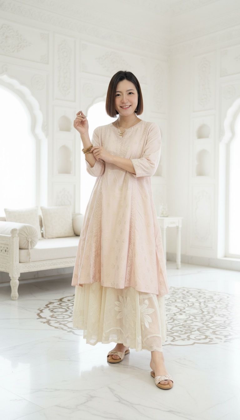 2214 Light Pink Gold Print V-Neck Kurta 37"