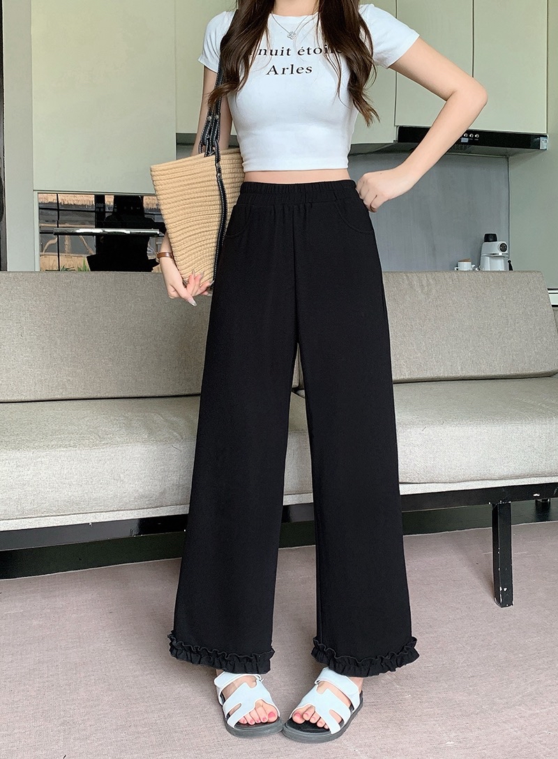 B146(24079) 韩版松紧腰休闲气质拼裤脚木耳边黑直筒长裤