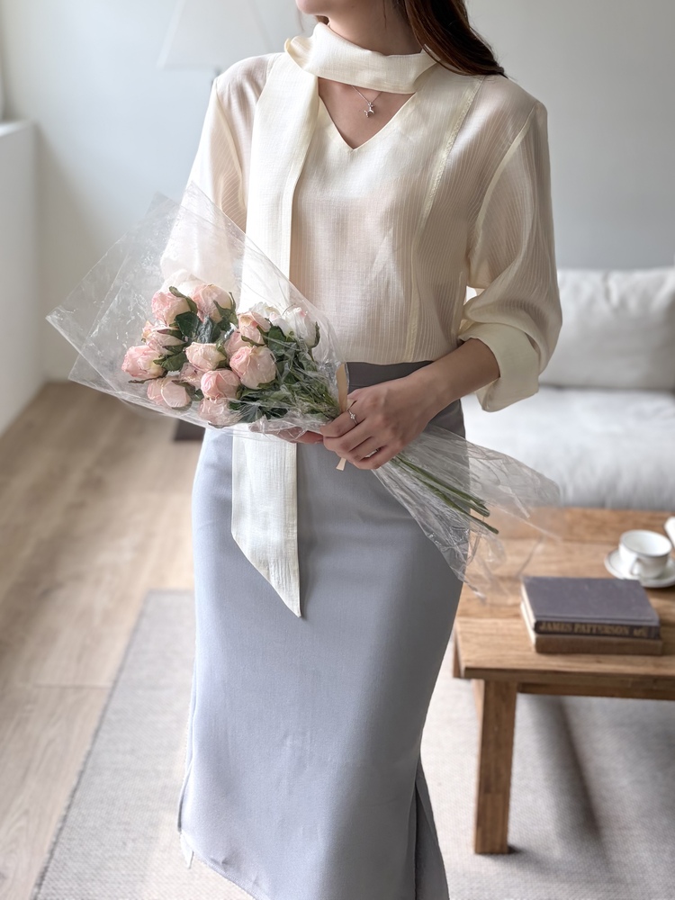 Aurelie Scarf-Tie Blouse (Cream)