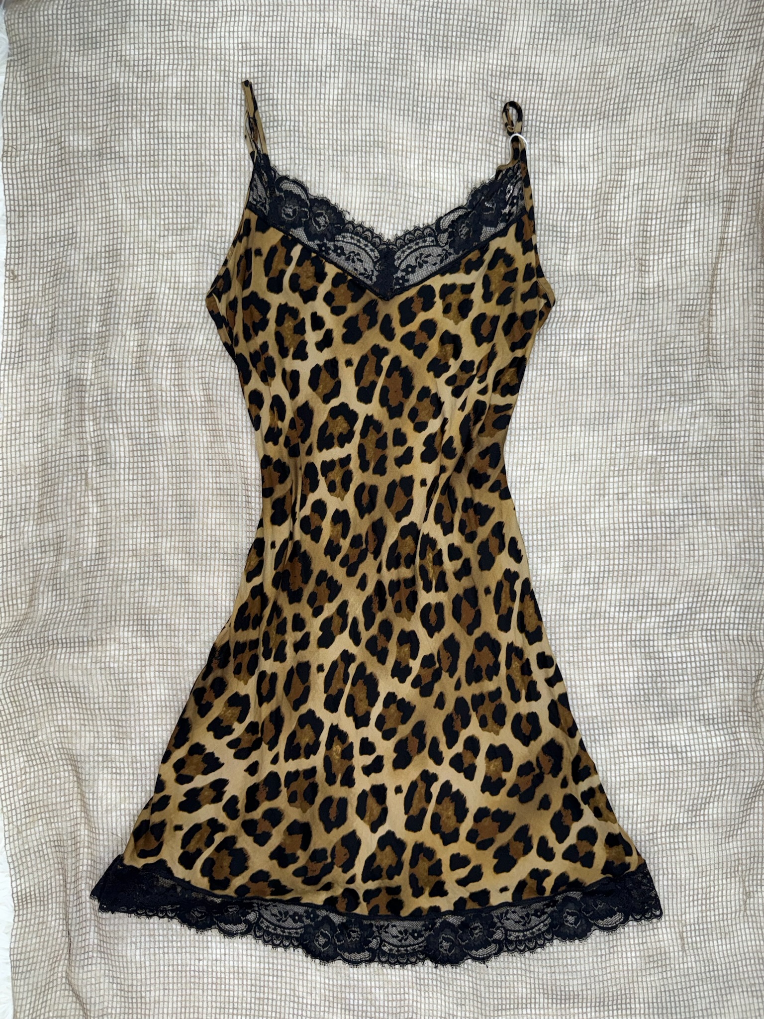 Leopard Satin Slip Dress with Lace Trim