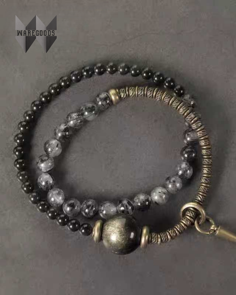 W1006黒發晶黑曜石混搭銅珠手鏈