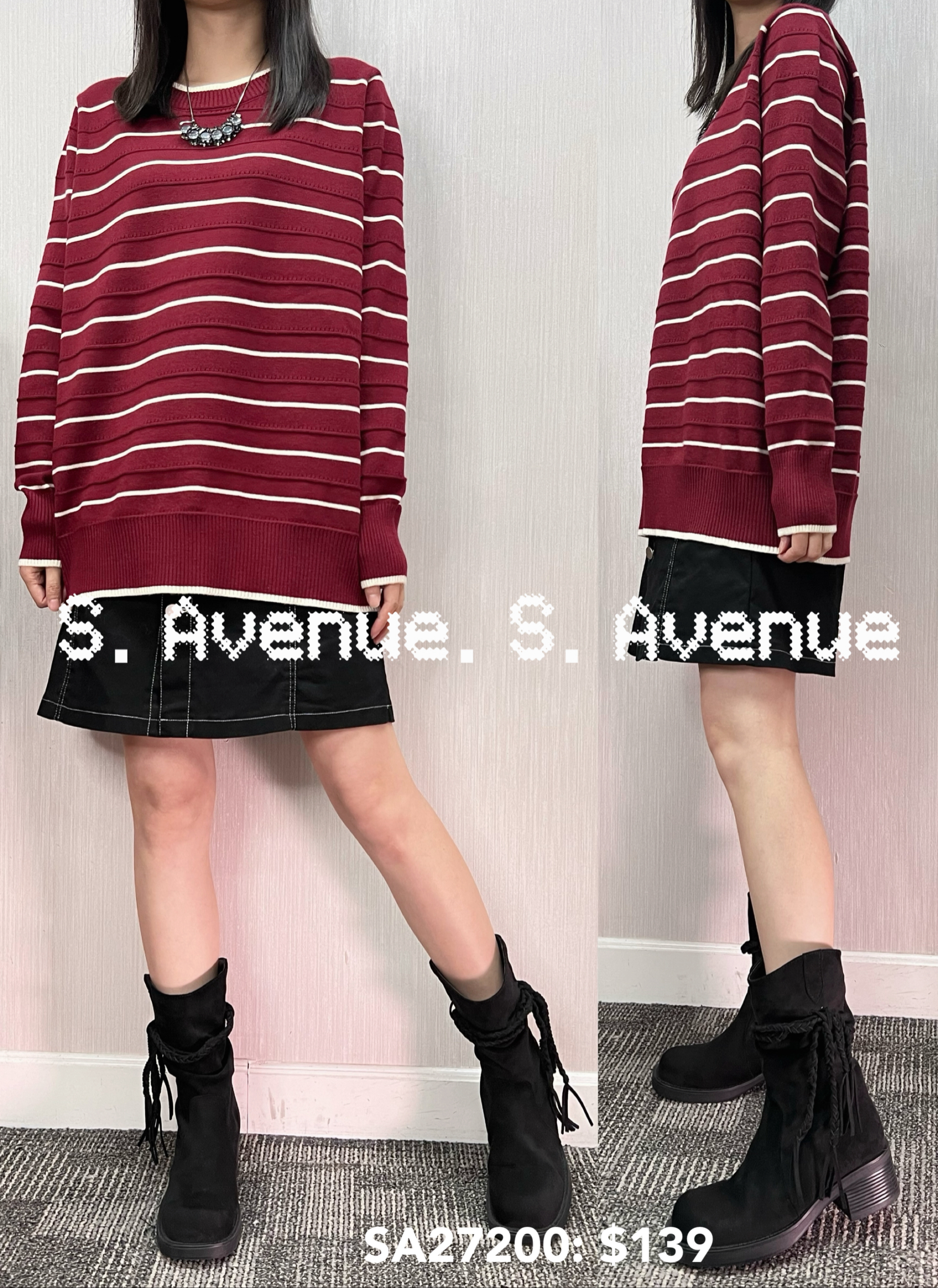 SA27200: 長袖撞色白邊領長身間條top