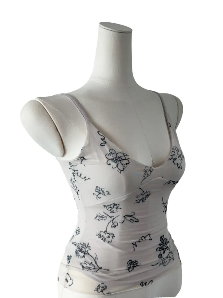 Abstract Floral Print Mesh Cami Top