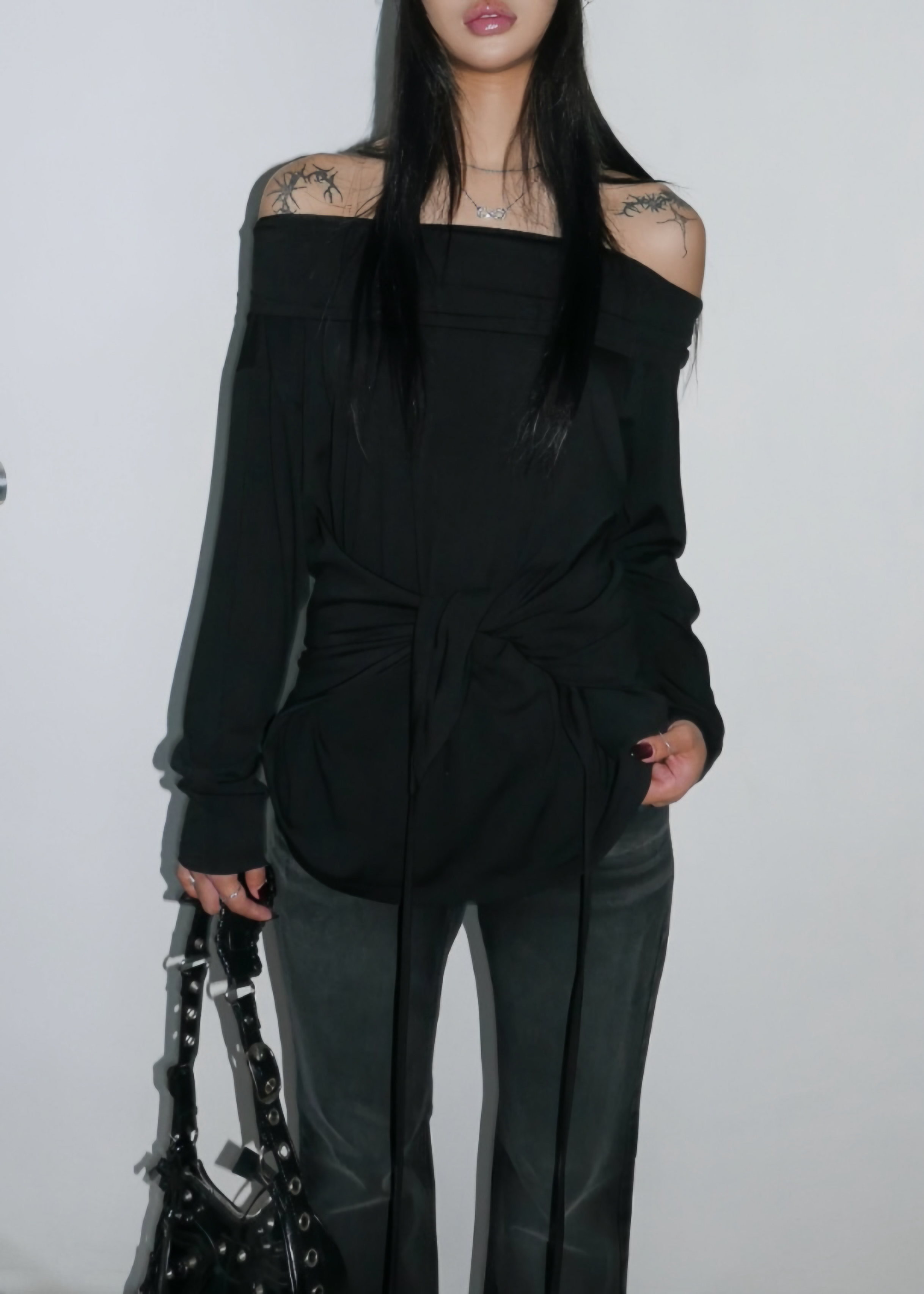 Off Shoulder Tie-Waist Long Sleeve