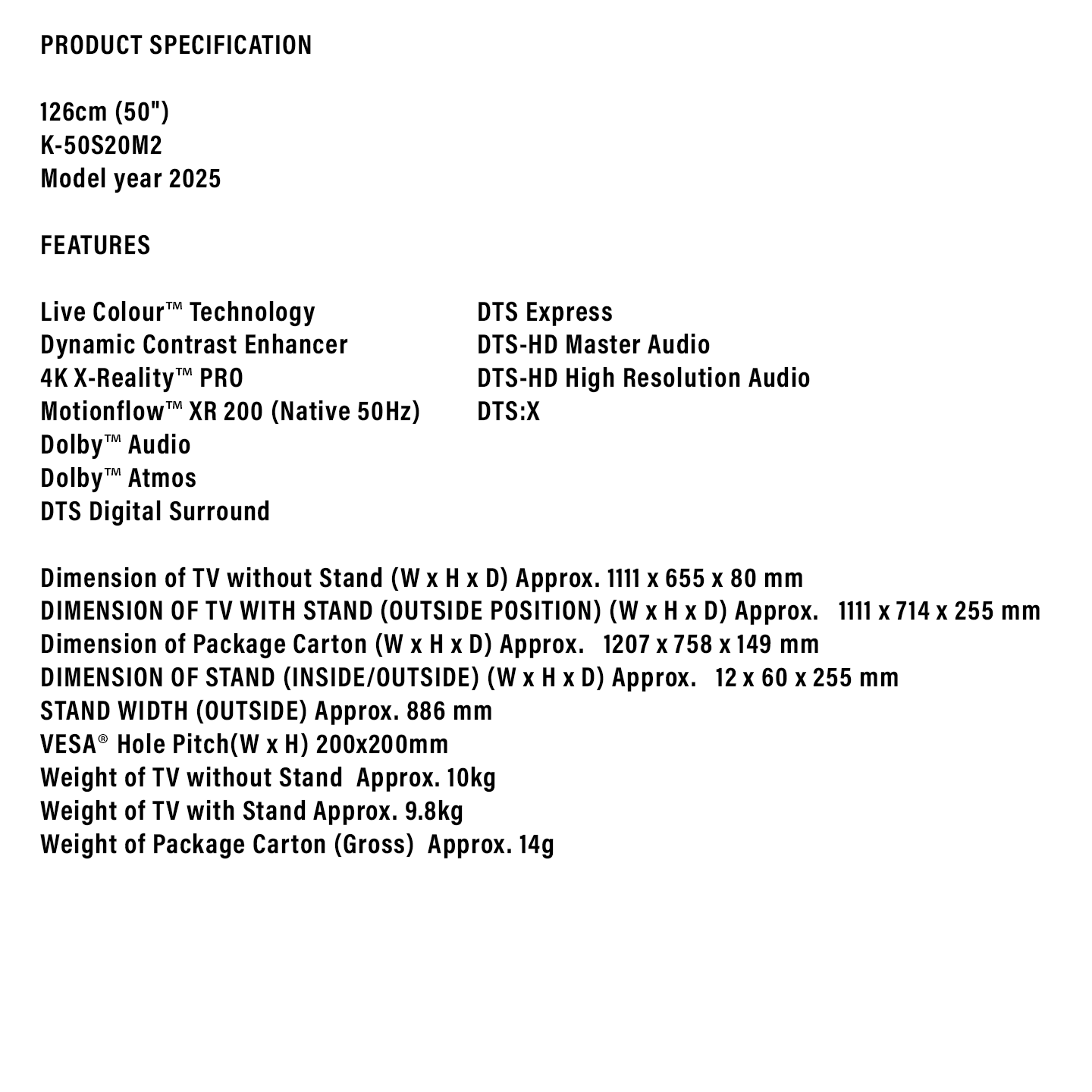 Sony 50" BRAVIA 2 4K HDR Google TV (K-50S20M2)