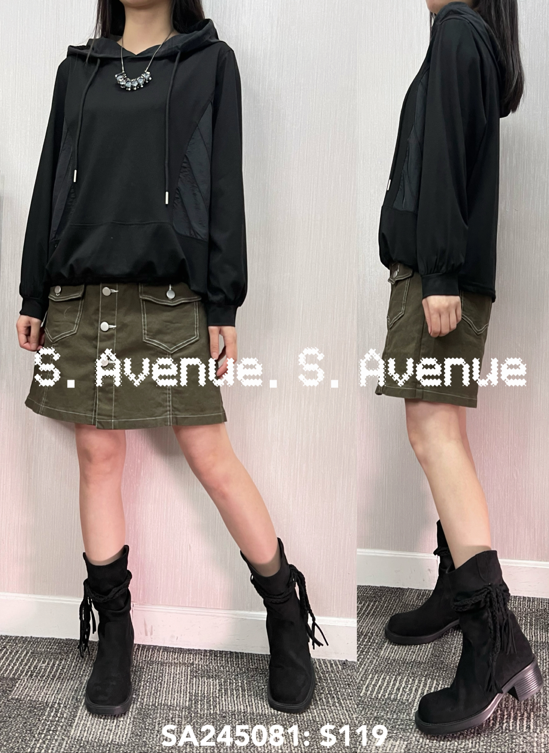 SA245081: 長袖有帽側拼暗紋料tee