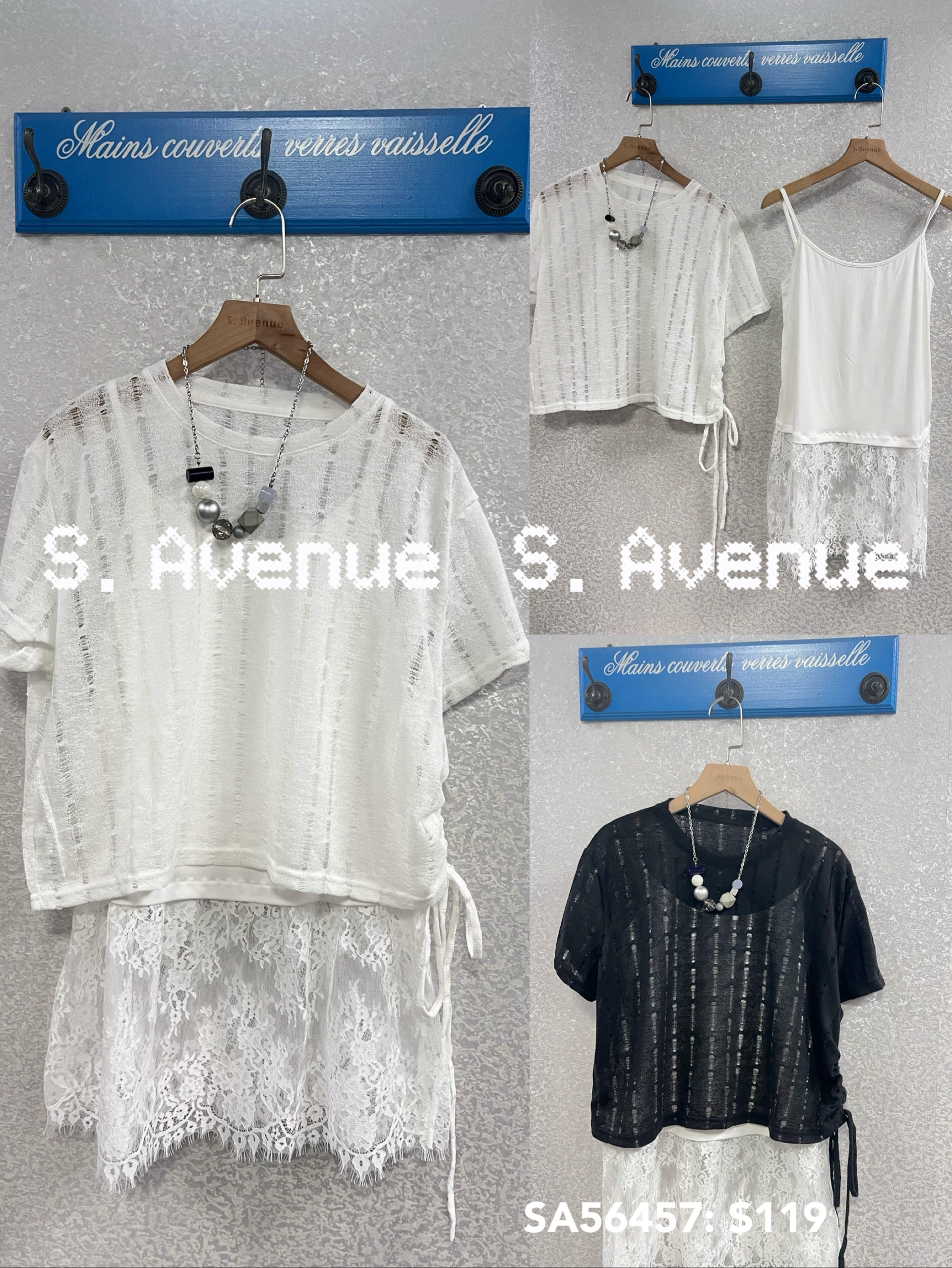 SA56457: 短袖織紋top配吊帶lace衫