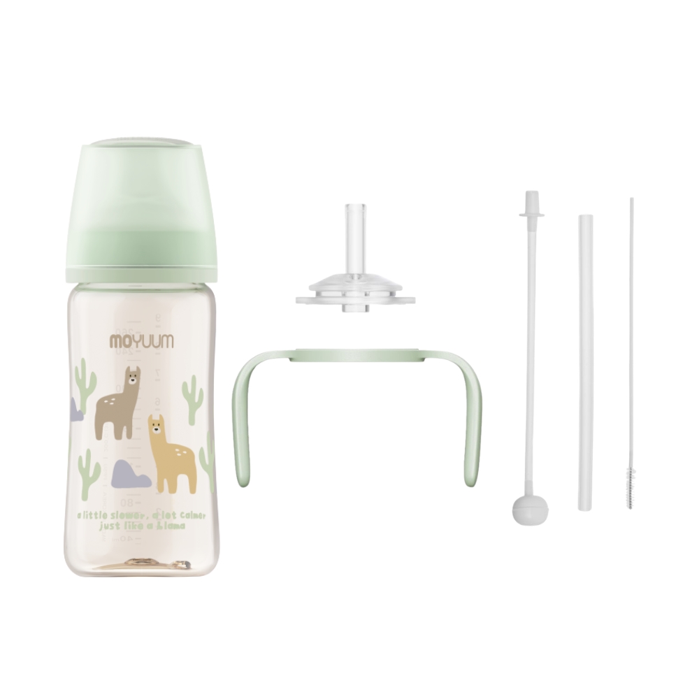 Moyuum - PPSU 寬口防漲氣奶瓶270ml（草泥馬）+寬口奶瓶防漏學習吸管套裝(綠色)_MY259_SET