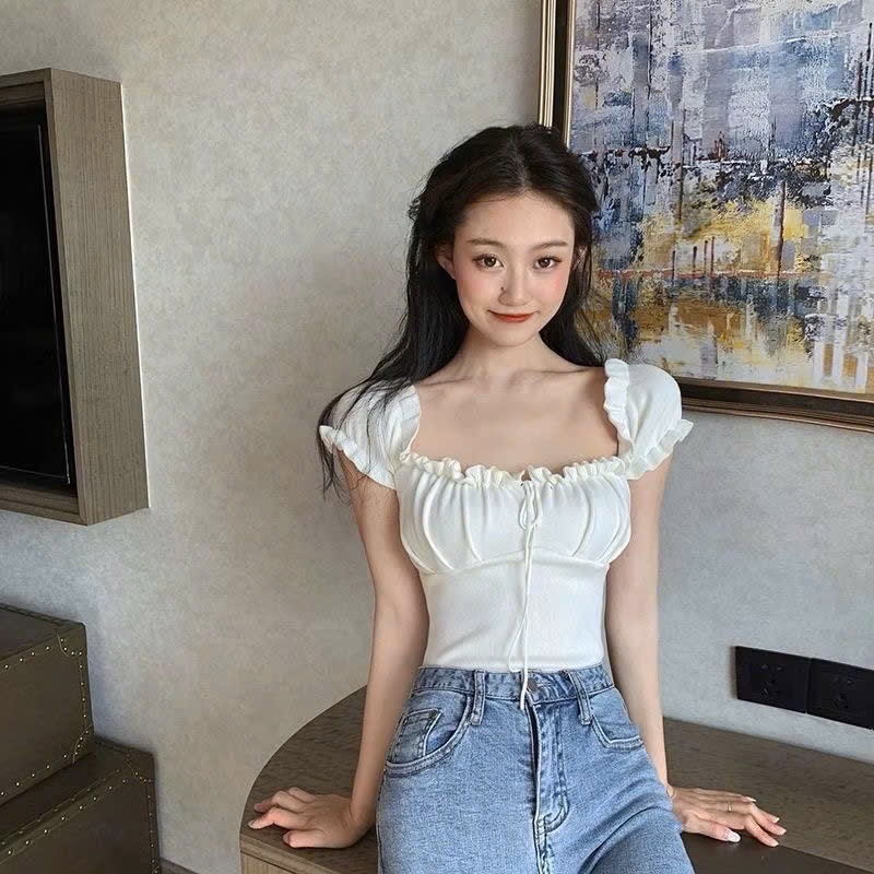 繫帶泡泡袖上衣 前襟田園風