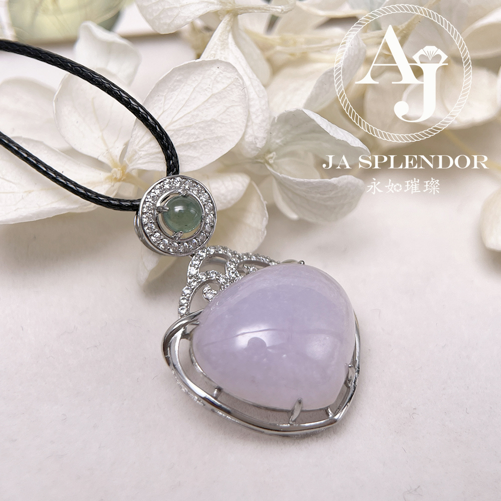 JNS-49 天然翡翠A 冰潤紫羅蘭心心相印綠色頂珠吊墜