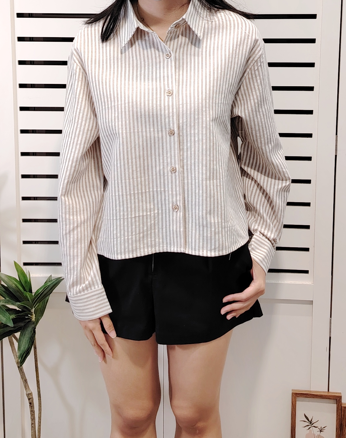 LY602 Long Sleeve Crop Striped Cotton Shirt