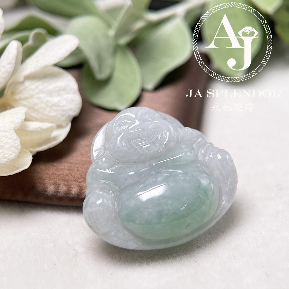 JN-10317 天然翡翠A玉 冰糯白底青大肚笑佛吊墜