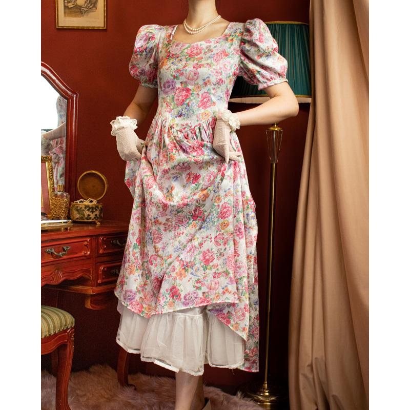 Vintage 1980s Romantic Pink Rose Princess Ankle Length Dress(MT1027)