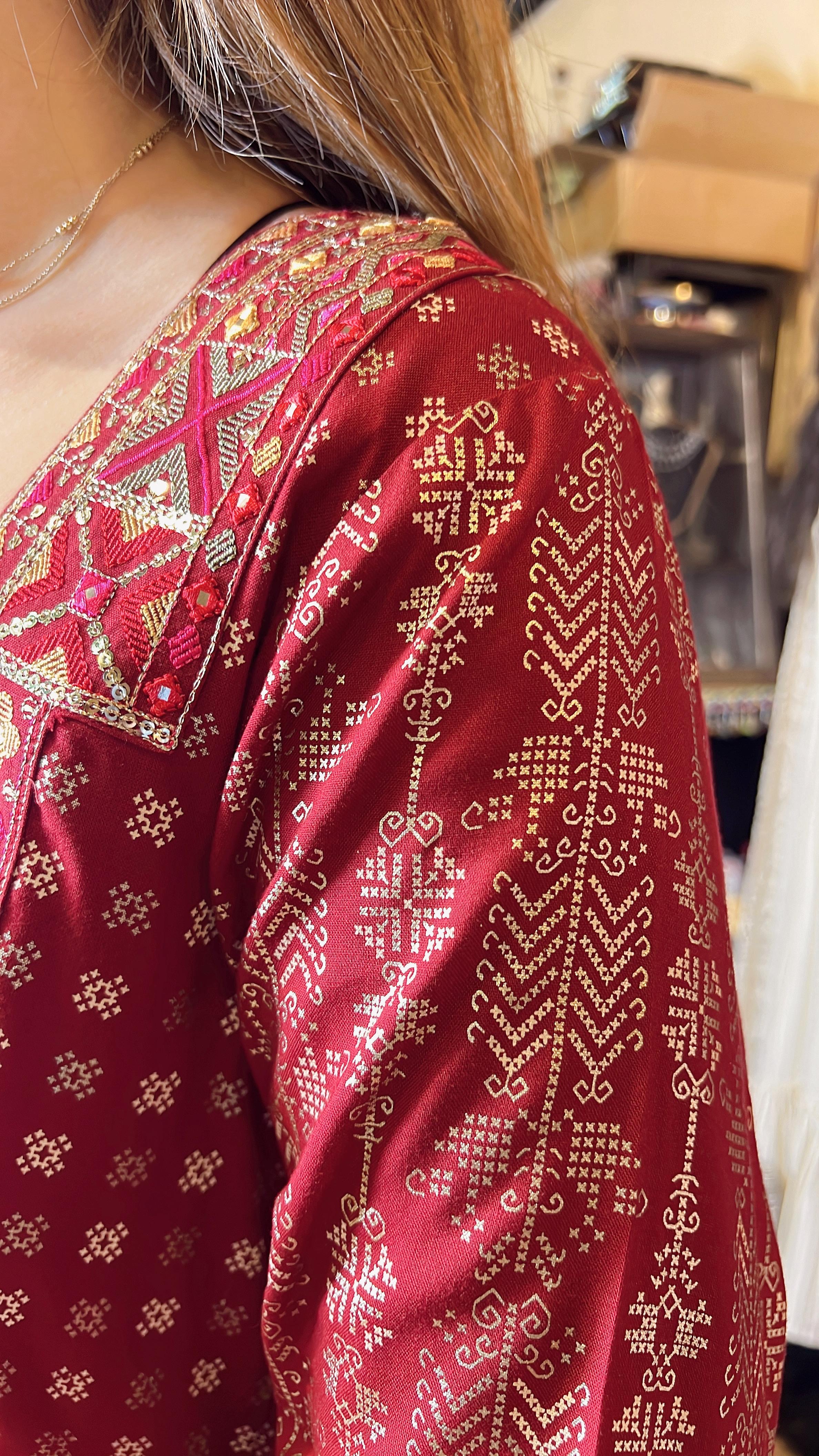 Ruby Red Square Neck Gold Print OP #1002