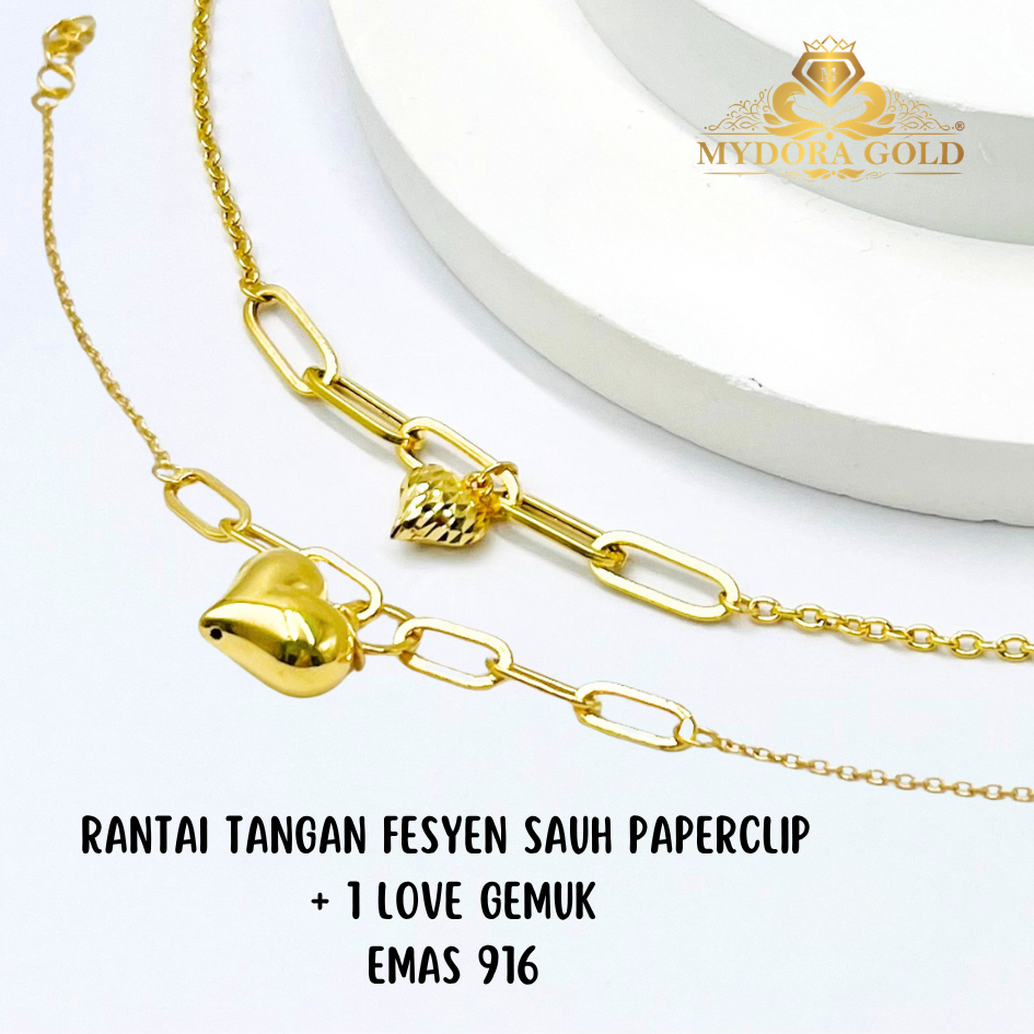 MYDORA Rantai Tangan Fesyen Sauh Paperclip + 1 Love Gemuk l EMAS 916/22K