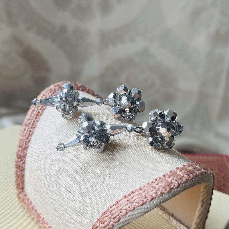 Vintage C.a. 1960s Silver Cluster Long Drop Clip Earrings (MT2485)