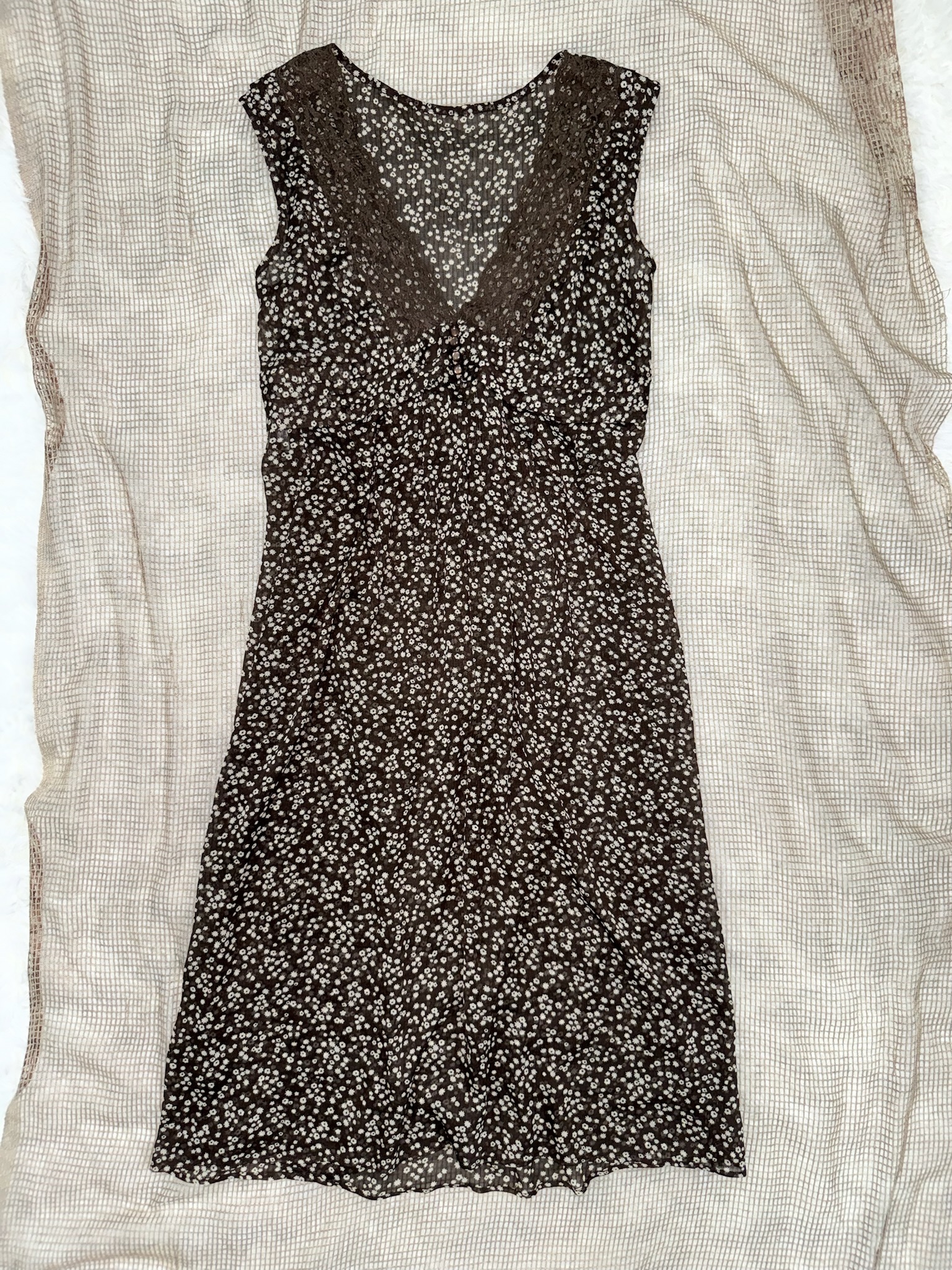 90s Vintage Brown Ditsy Floral Dress with Lace V-Neck