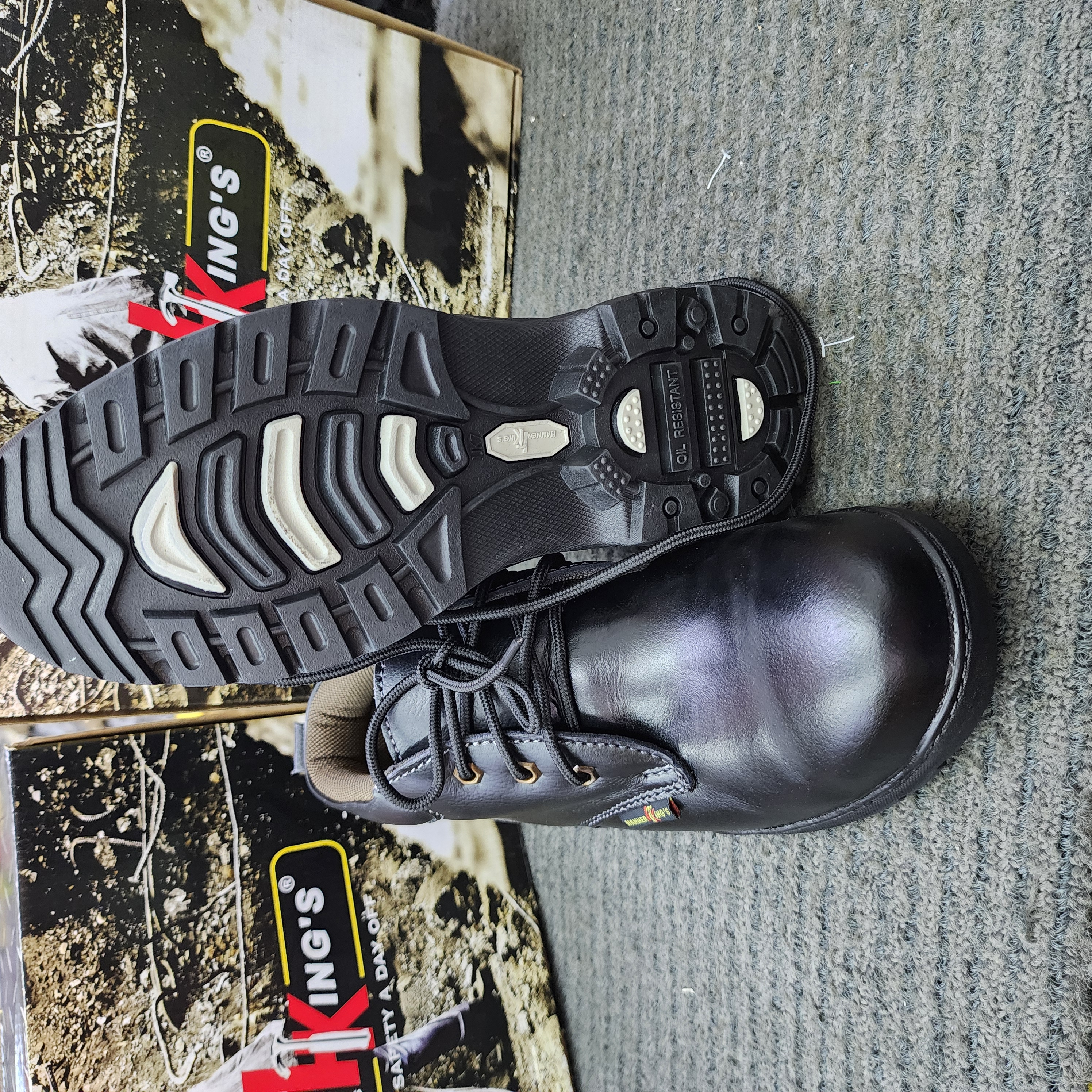 Hammer King 13010 Safety Shoes Boots Steel Toe Cap Steel Mid Plate Mid Cut Lace Up Premium Quality Genuine Leather SIRIM and DOSH Approved Black Rubber Outsole Kasut Keselamatan