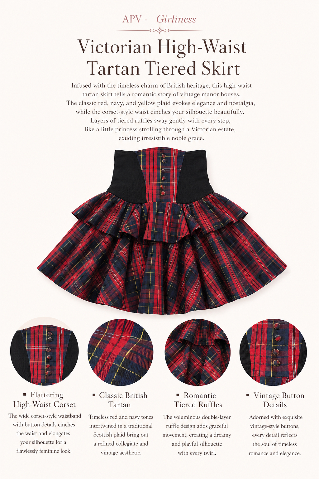 【APV Girliness 】緋紅諾言復古高腰宮廷雙層蛋糕格子裙  Victorian High-Waist Tartan Tiered Skirt