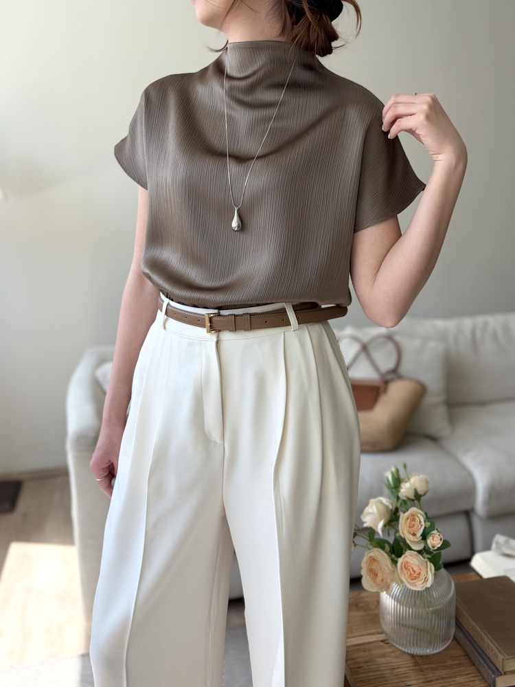 Claudette Silky Pleated Top (Brown)