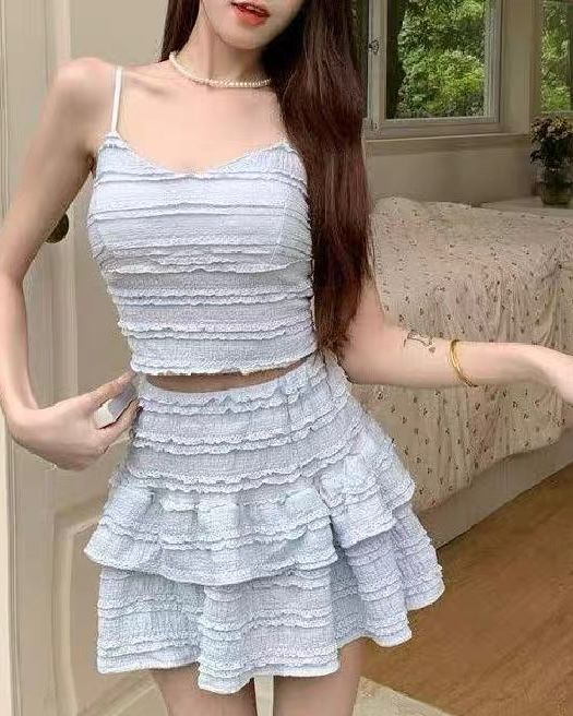 A150763 Dopamine Style Casual Two-Piece Set with Sexy Cami Top and White Tiered Mini Skirt