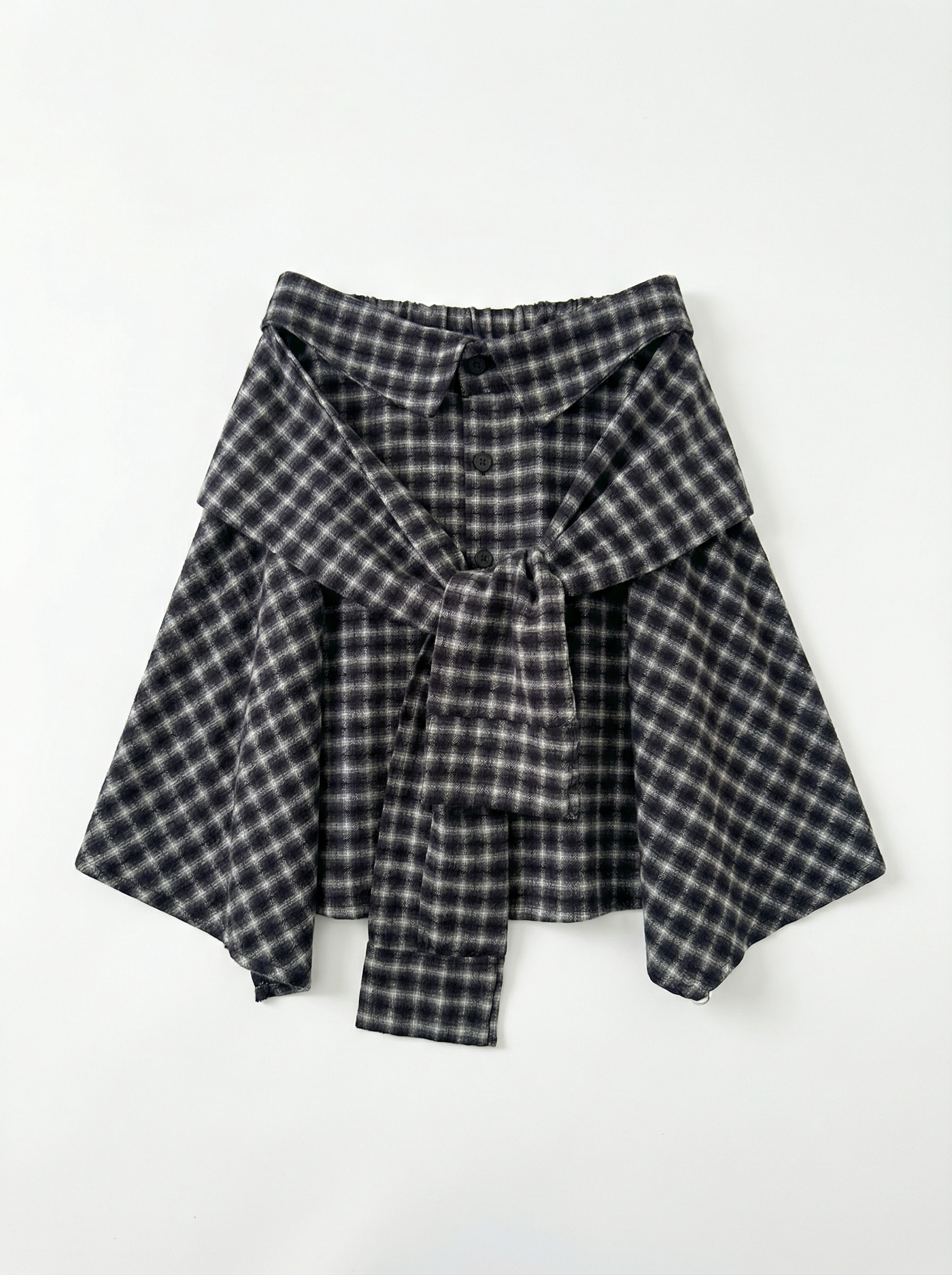 文字開衩長袖上衣＋格紋蝴蝶結百褶短裙褲套裝