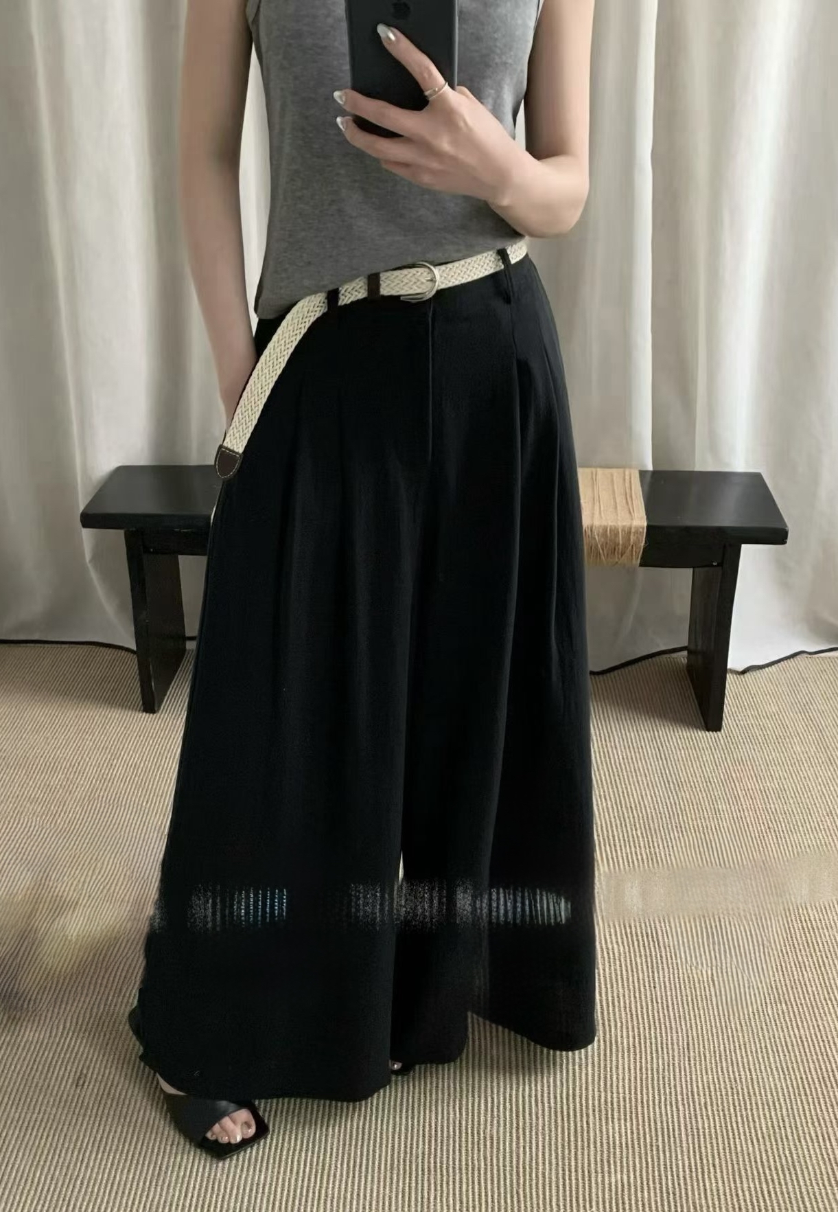顯瘦棉麻闊褲（連belt)