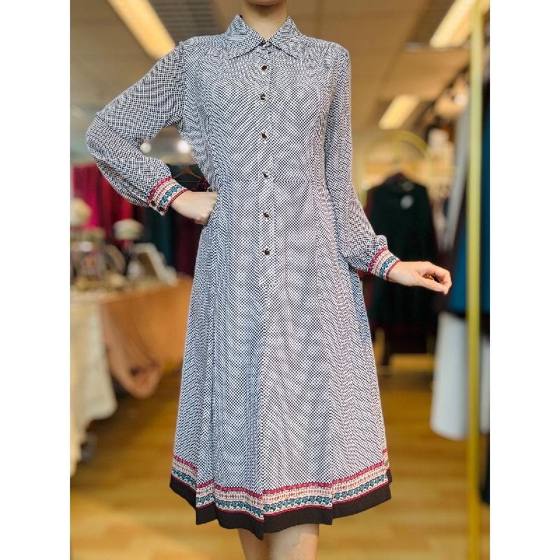 Vintage Japanese Dotty with Contrasting border Pattern Long Sleeve ShirtDress(MT2260-15)