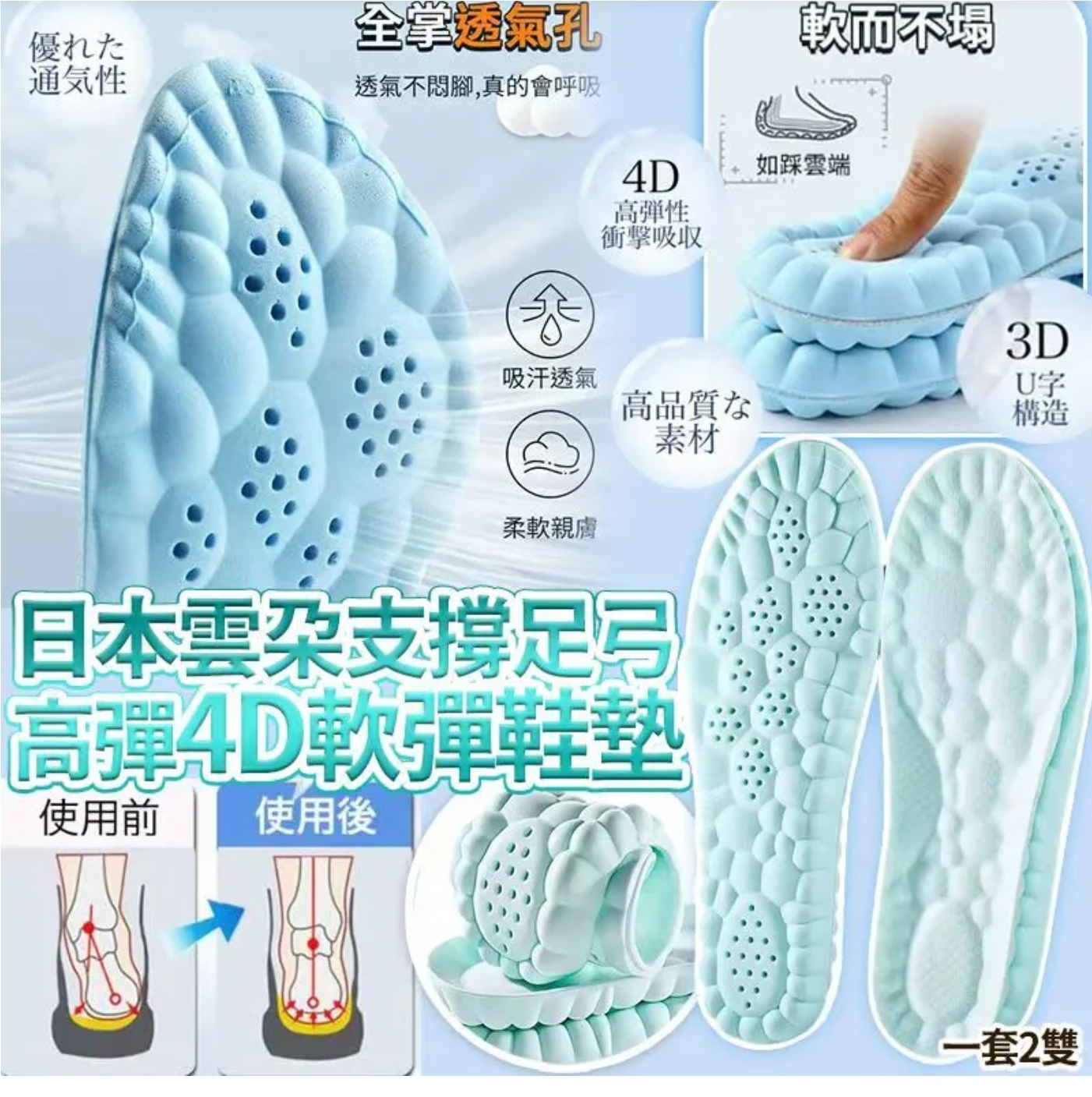 $38套2雙。日本夏日薄荷涼感防臭雲朵高彈改善扁平支撐足弓4D軟彈鞋墊(一套2雙)