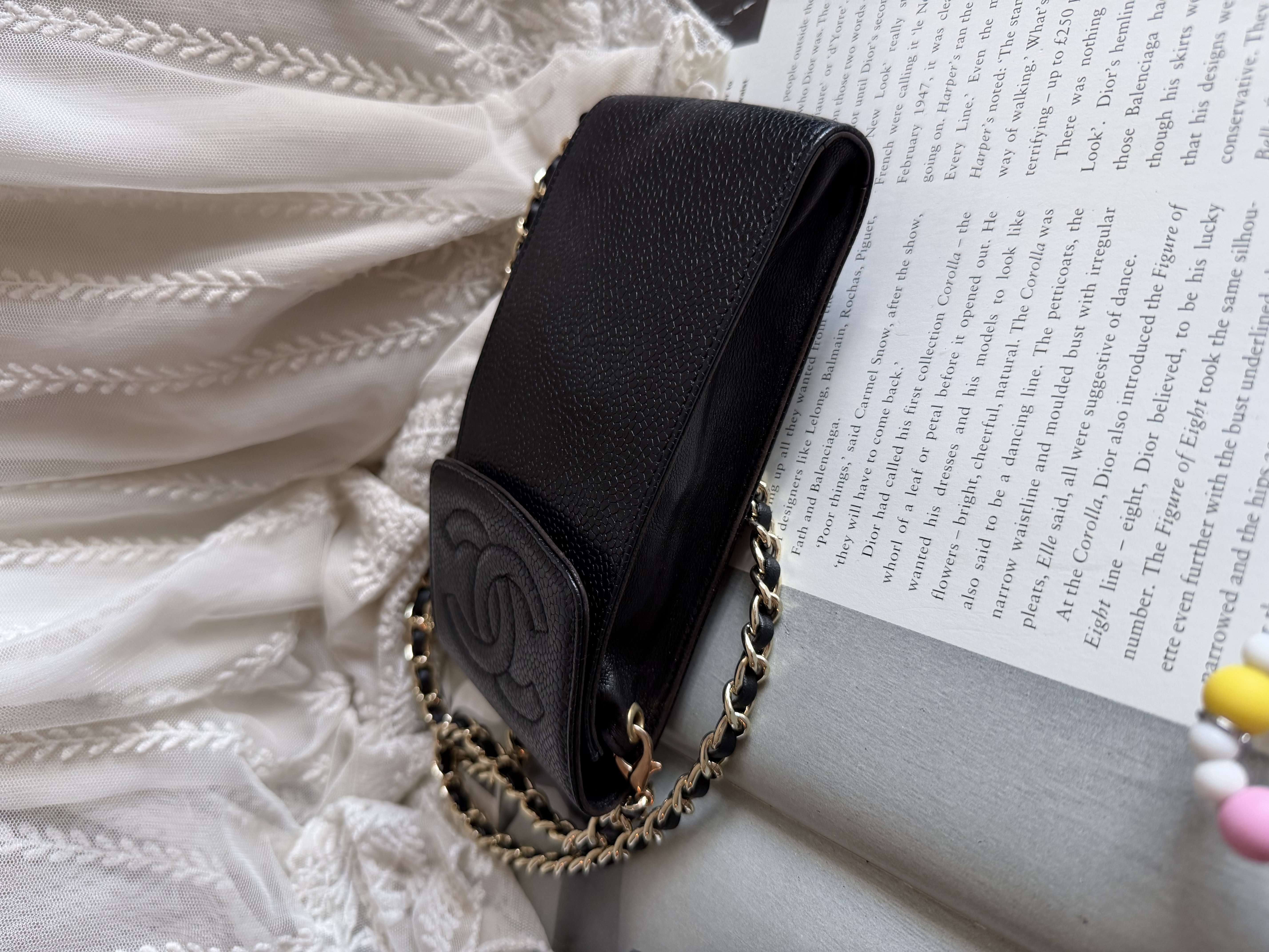 Vintage chanel black caviar leather phone holder sunglassess holder 