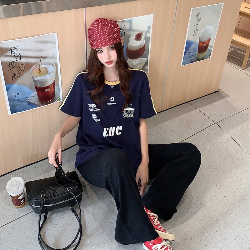 B269(00291) 美式复古机车风撞色圆领边蓝上衣 